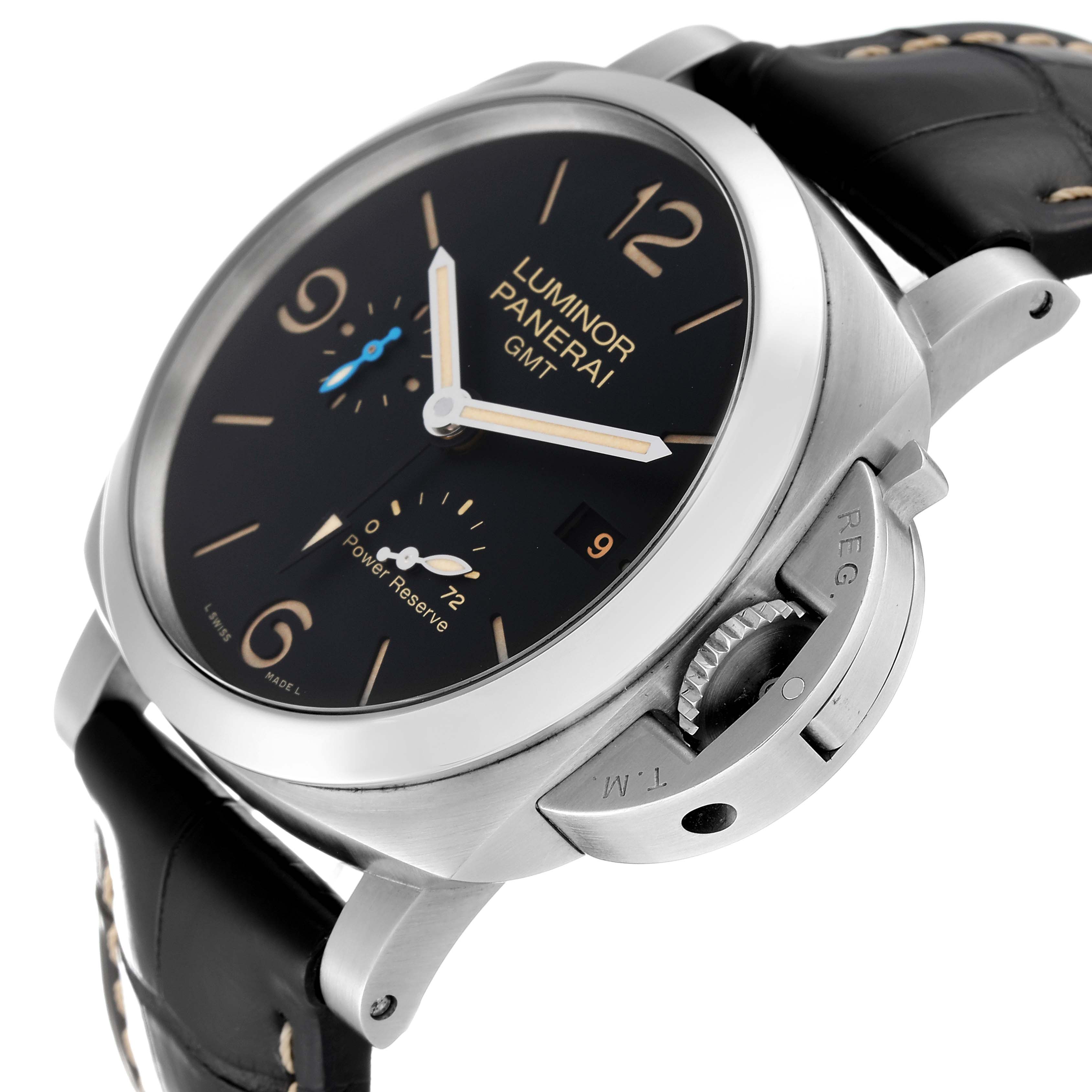 The image shows a close-up, angled view of the face and side crown guard of a Panerai Luminor PAM01321 Men's Stainless Steel Black Dial PAM01321 Men's Stainless Steel Black Dial GMT watch.