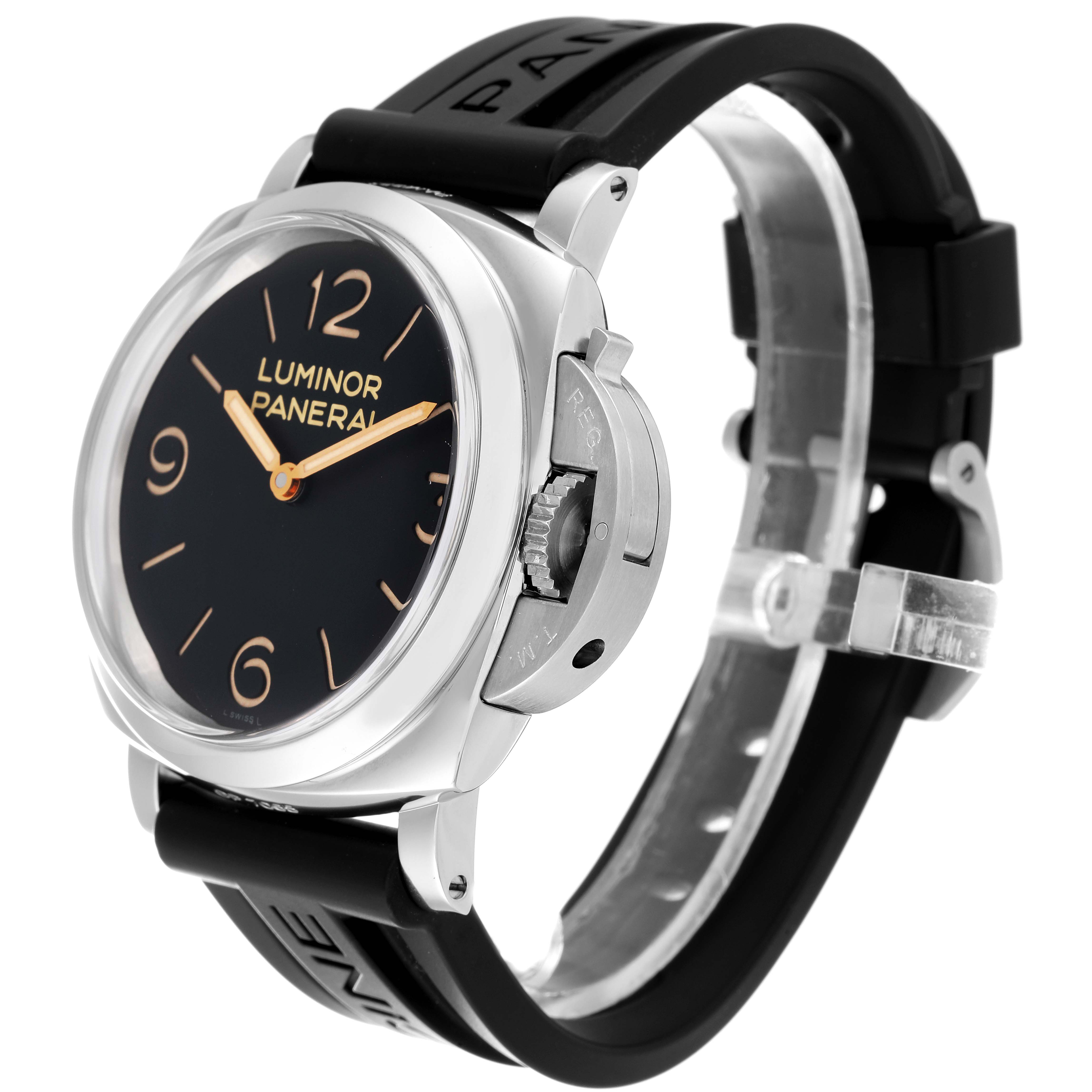 The image shows a side and angled view of a Panerai Luminor PAM00372 Men's Stainless Steel Black Dial PAM00372 Men's Stainless Steel Black Dial watch, highlighting the dial, crown guard, and black strap.