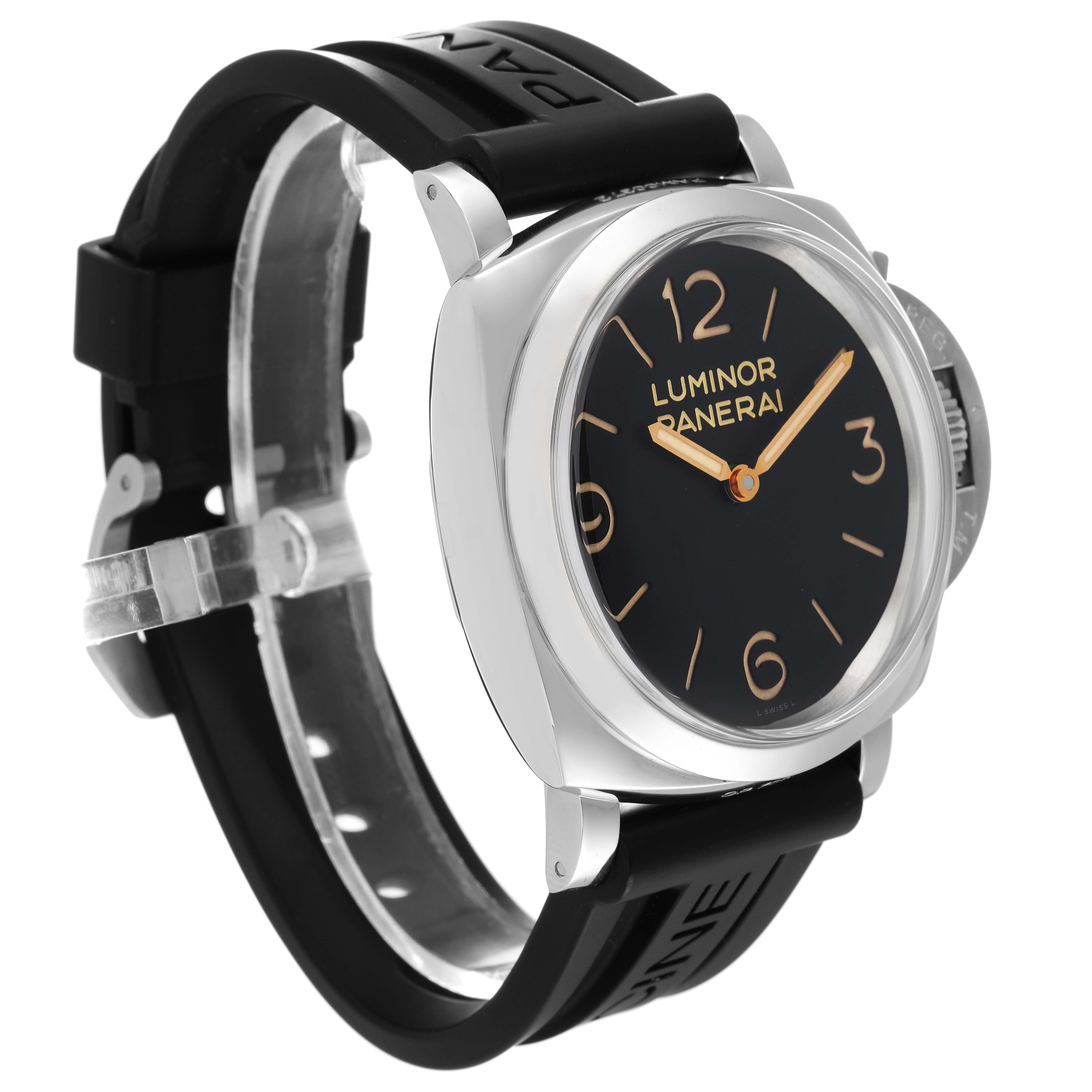 The image shows a Panerai Luminor PAM00372 Men's Stainless Steel Black Dial PAM00372 Men's Stainless Steel Black Dial watch angled slightly from the front, highlighting the case, dial, and black rubber strap.