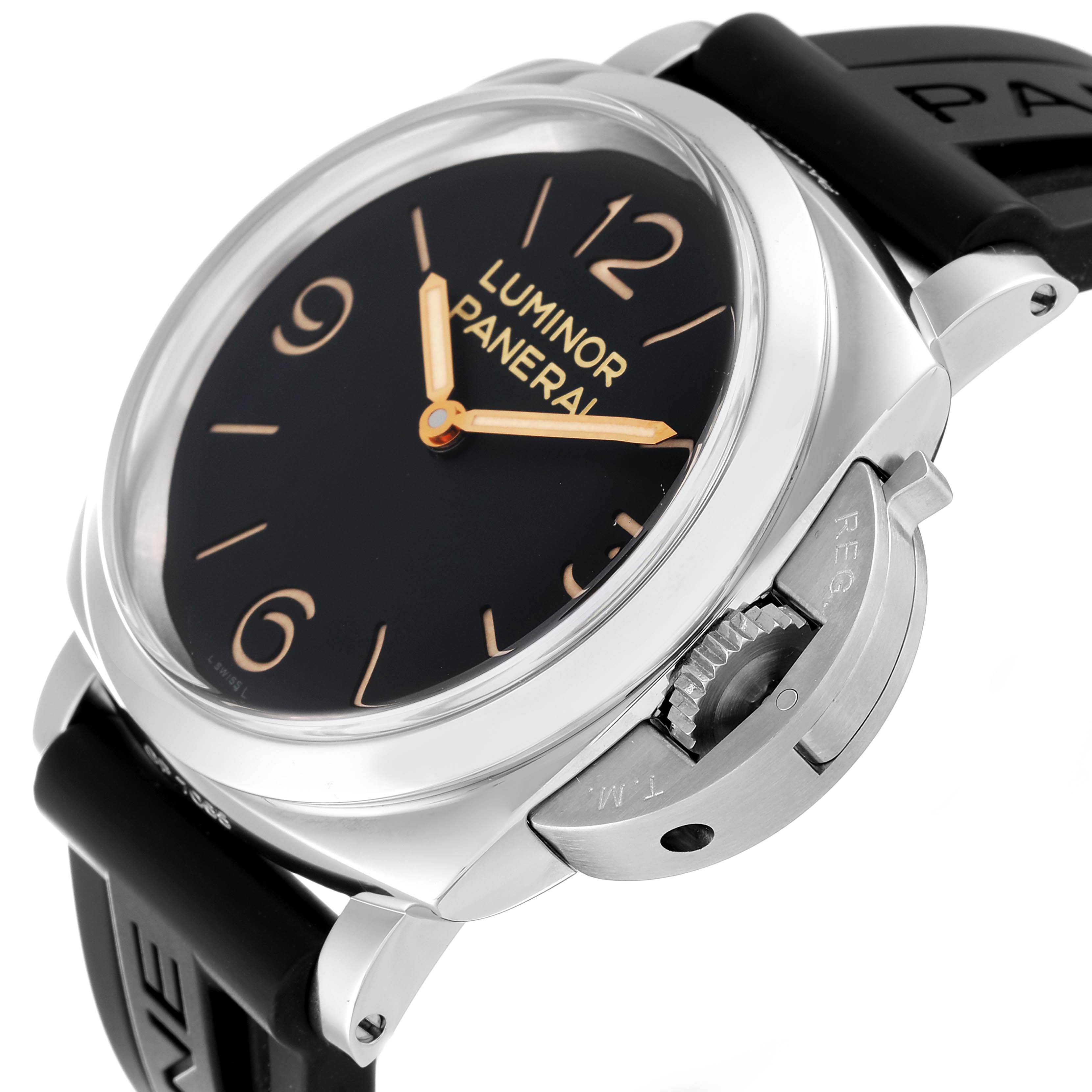 The image shows a side angle of a Panerai Luminor PAM00372 Men's Stainless Steel Black Dial PAM00372 Men's Stainless Steel Black Dial watch, highlighting the crown guard and part of the black strap.