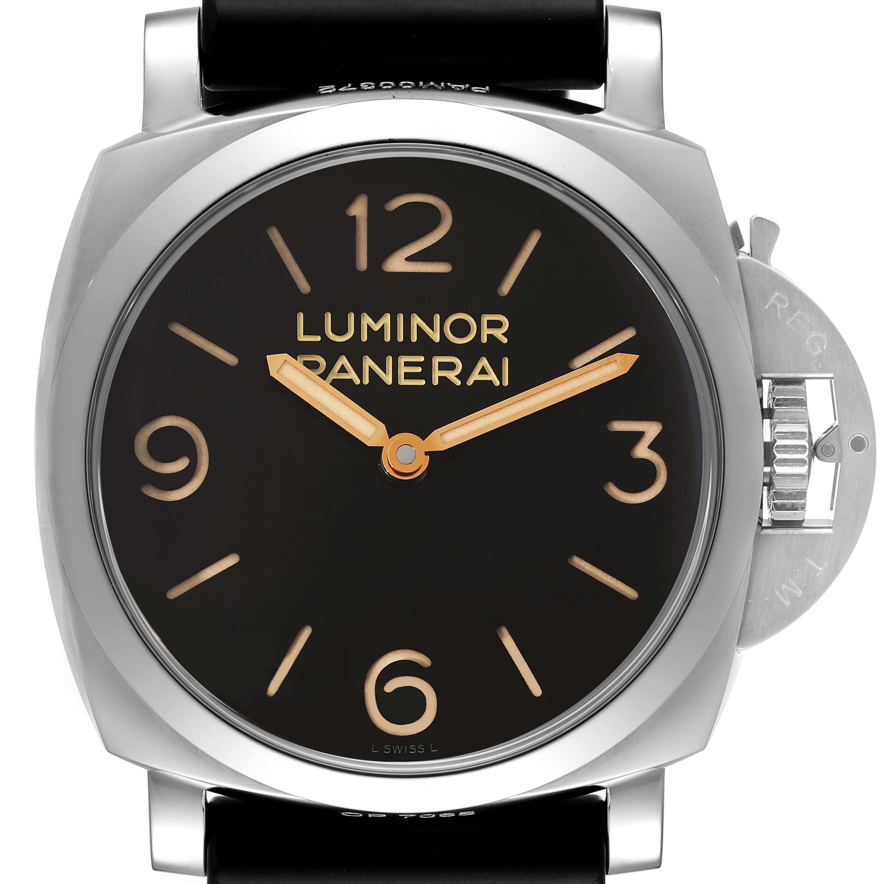 This image shows a front view of a Panerai Luminor PAM00372 Men's Stainless Steel Black Dial PAM00372 Men's Stainless Steel Black Dial watch, displaying the face, hands, case, and crown guard.