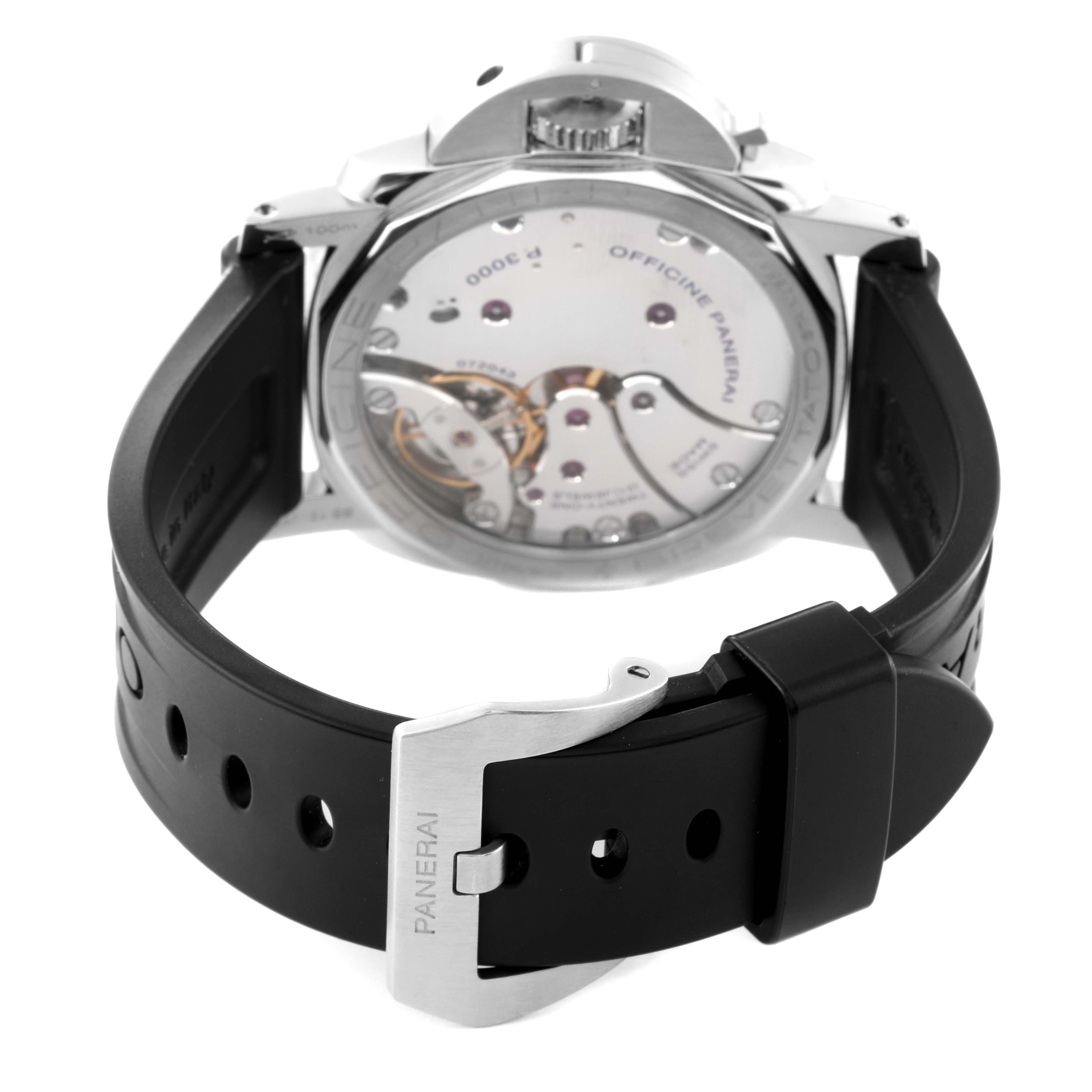 This image shows the back view of a Panerai Luminor PAM00372 Men's Stainless Steel Black Dial PAM00372 Men's Stainless Steel Black Dial watch, highlighting its movement and black rubber strap.