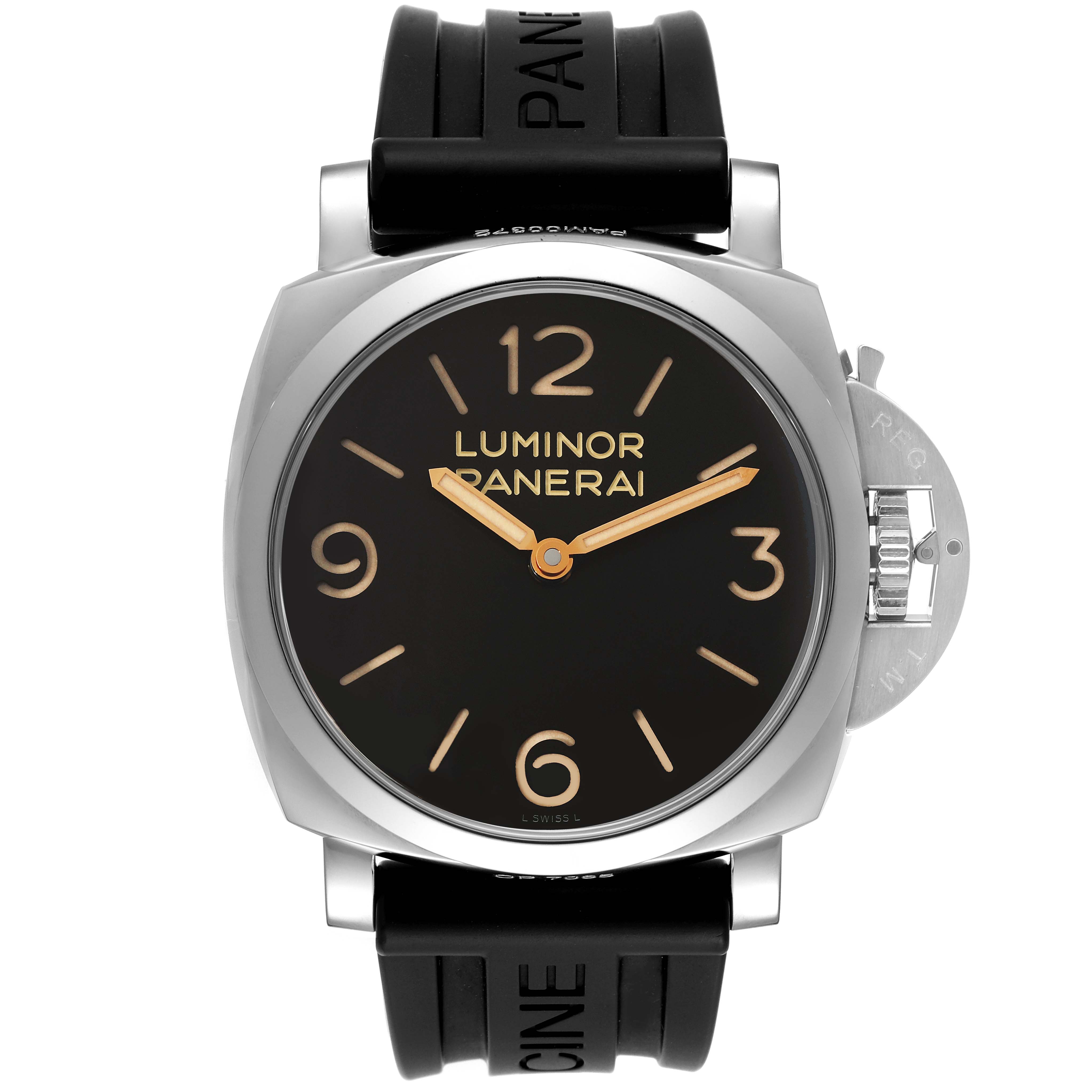 The image shows a front view of the Panerai Luminor PAM00372 Men's Stainless Steel Black Dial PAM00372 Men's Stainless Steel Black Dial watch, highlighting the face, numerals, and rubber straps.