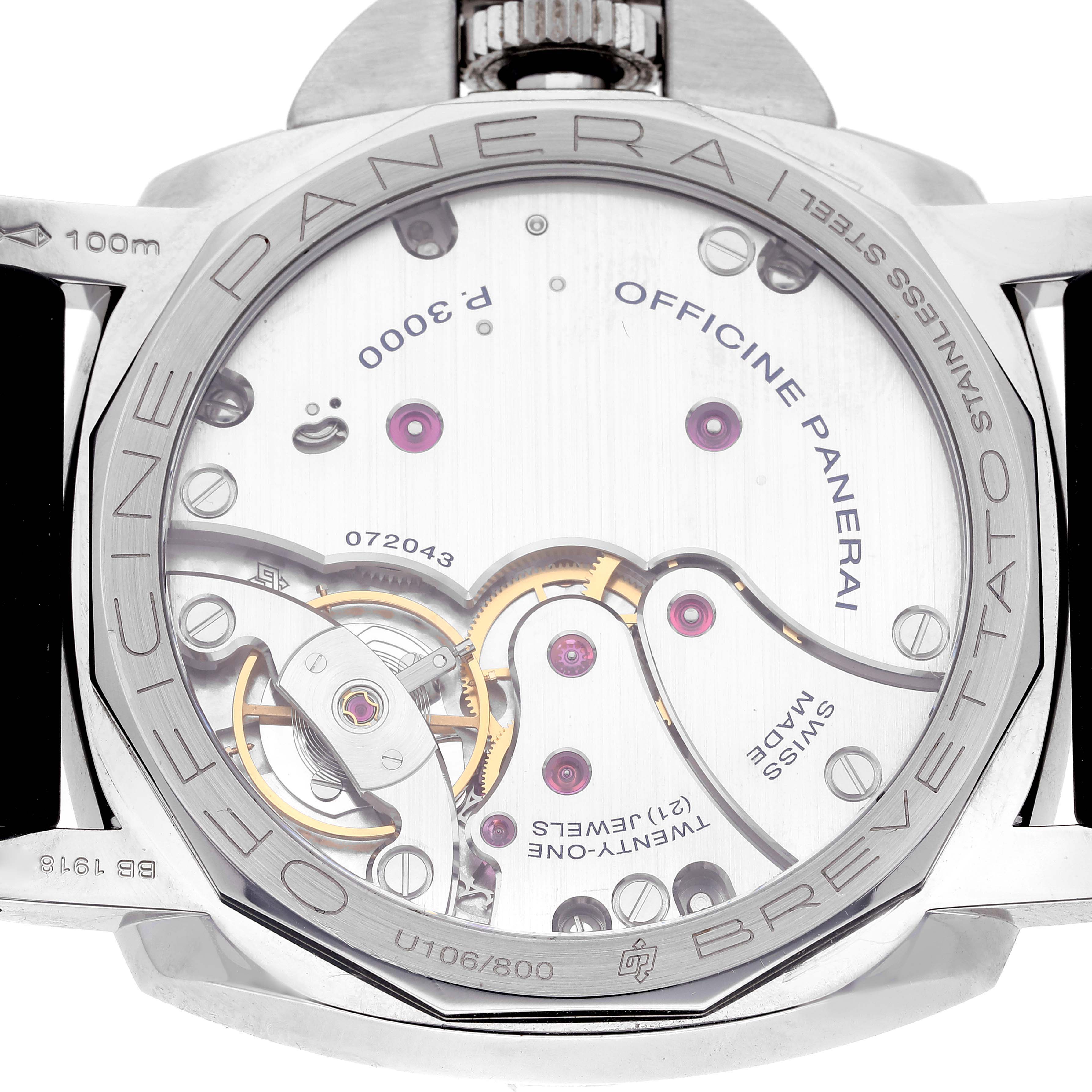 The image shows the back view of a Panerai Luminor PAM00372 Men's Stainless Steel Black Dial PAM00372 Men's Stainless Steel Black Dial watch, revealing its internal mechanical parts.