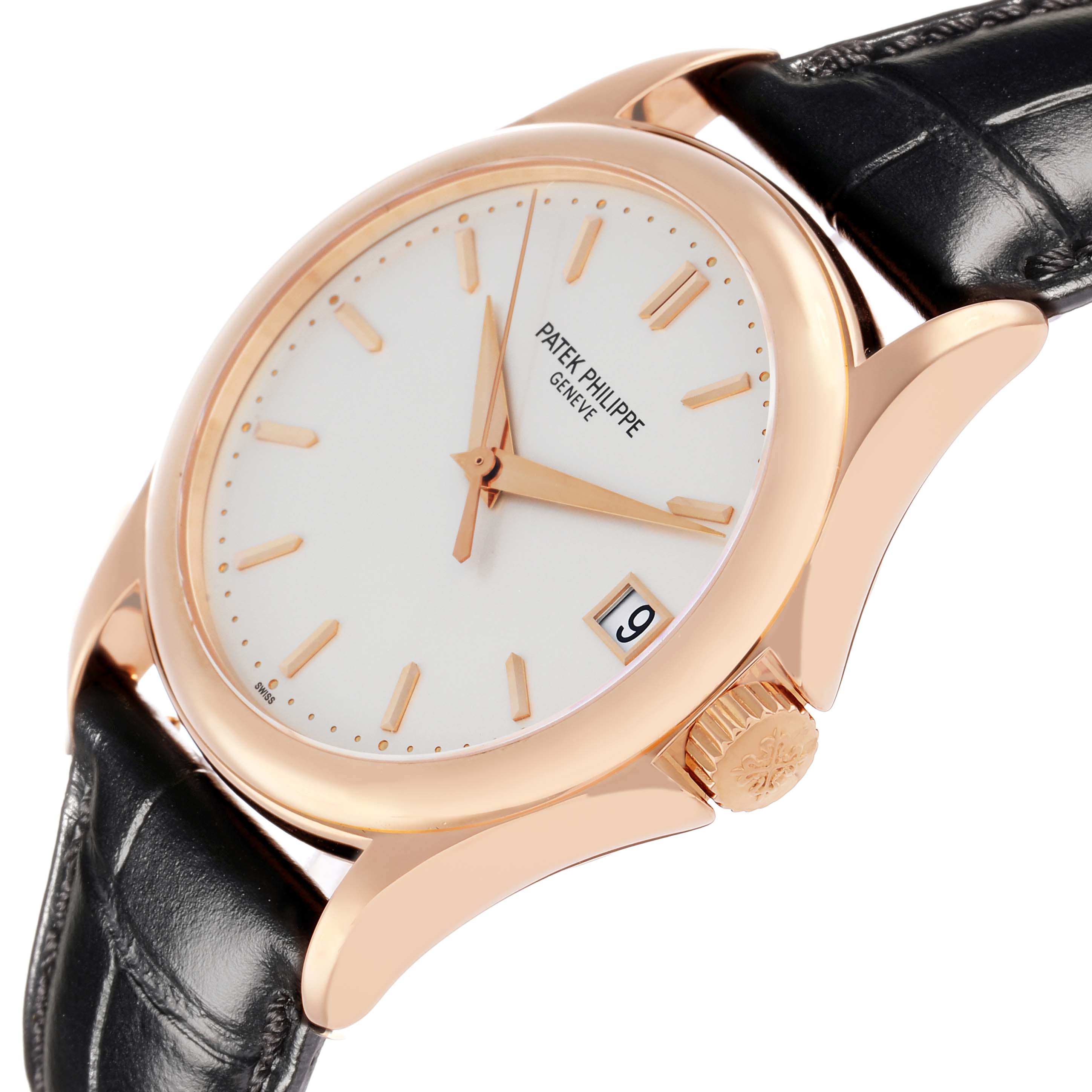 The Patek Philippe Calatrava 5127R Men
s Rose Gold Silver Dial watch is shown at a slight angle, highlighting the dial, crown, lugs, and strap.