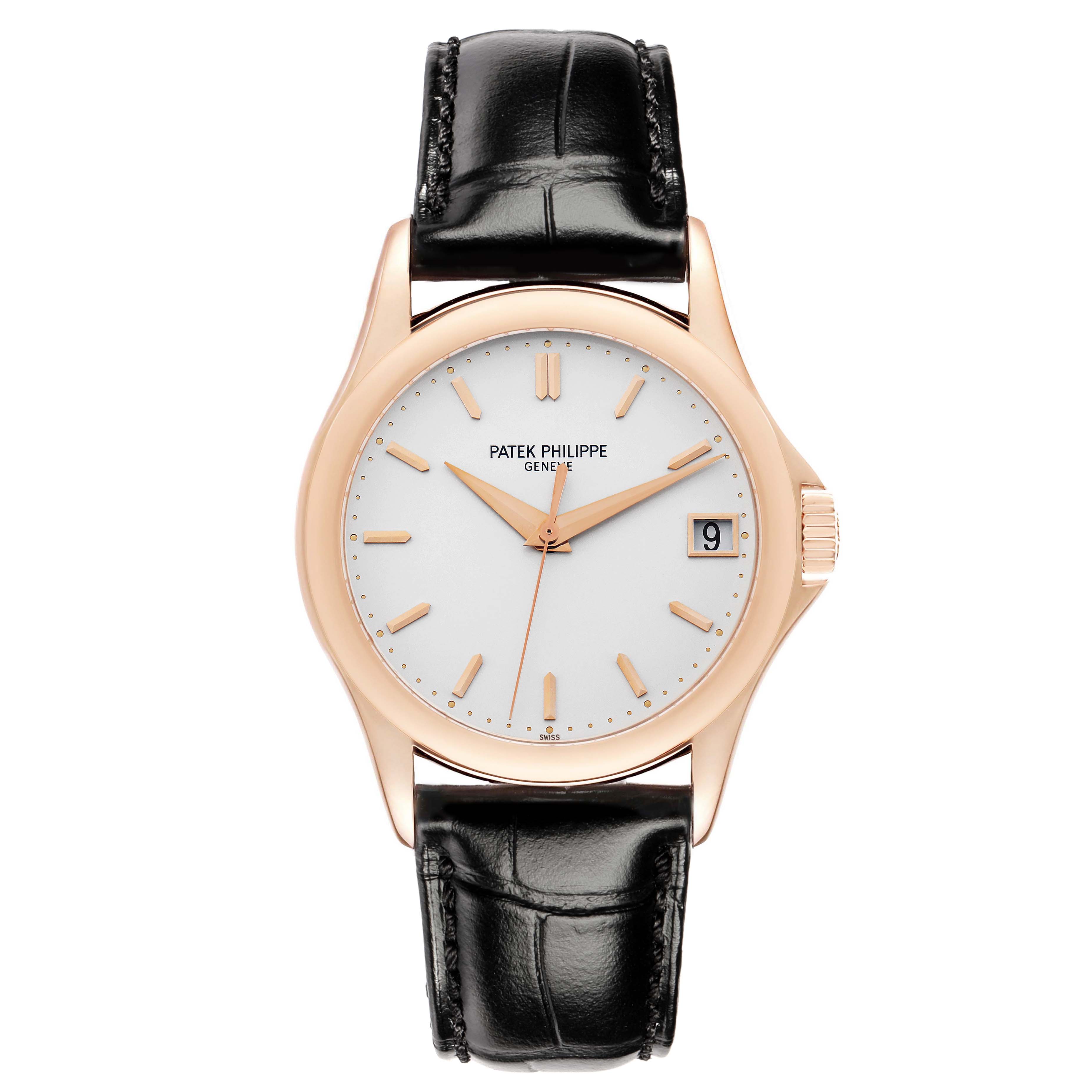 The image shows a frontal view of the Patek Philippe Calatrava 5127R Men
s Rose Gold Silver Dial, displaying the watch face, case, crown, and leather strap.