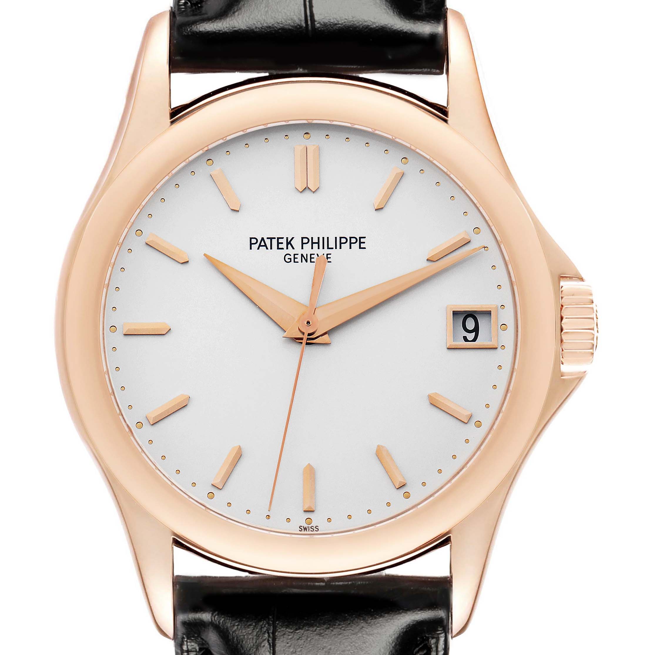 The image shows a front view of the Patek Philippe Calatrava 5127R Men
s Rose Gold Silver Dial watch, displaying its dial, hands, and date window on a leather strap.