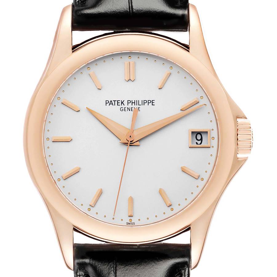 The image shows a front view of the Patek Philippe Calatrava 5127R Men's Rose Gold Silver Dial watch, displaying its dial, hands, and date window on a leather strap.
