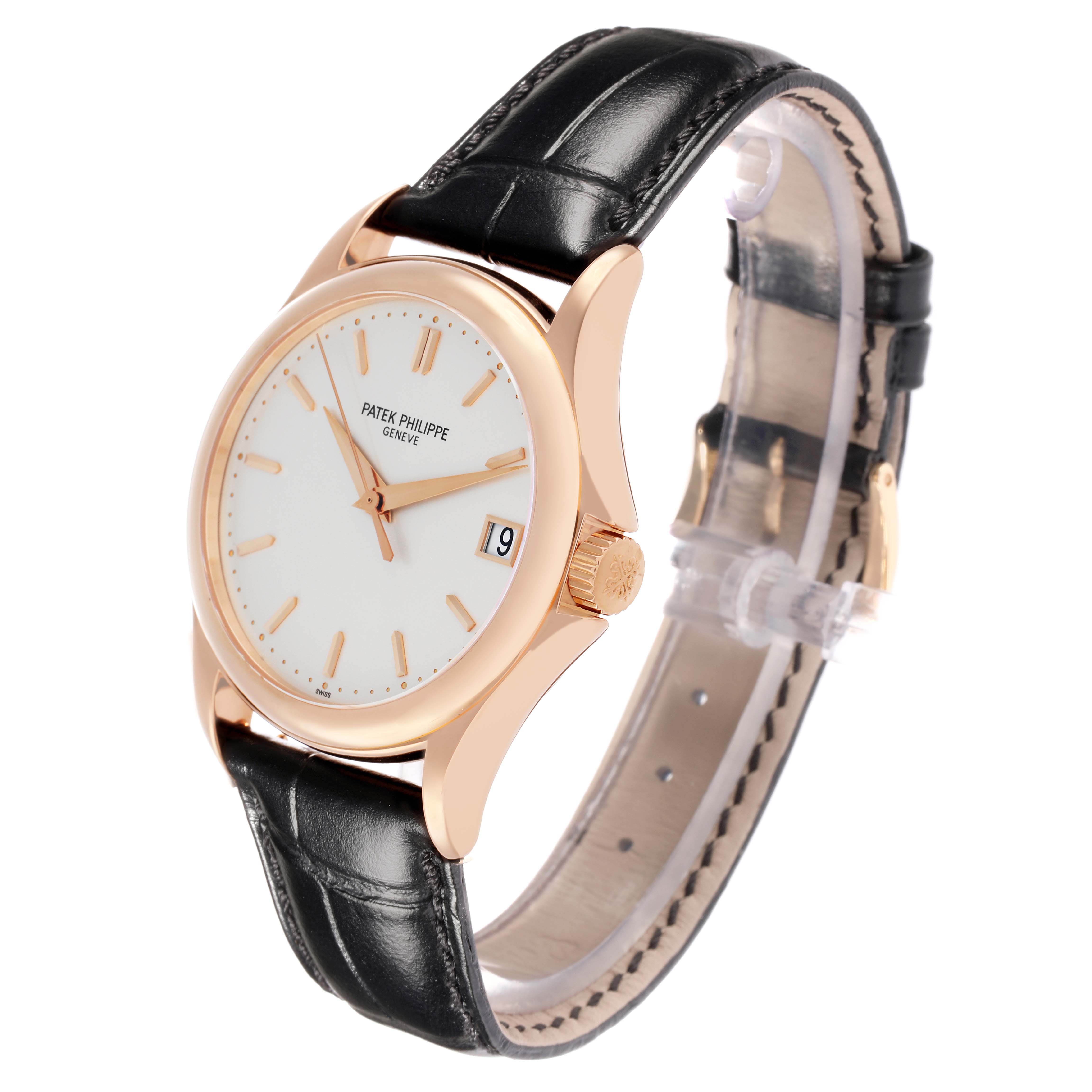 The Patek Philippe Calatrava 5127R Men
s Rose Gold Silver Dial watch is shown at a three-quarter angle, highlighting the face, bezel, crown, and leather strap.