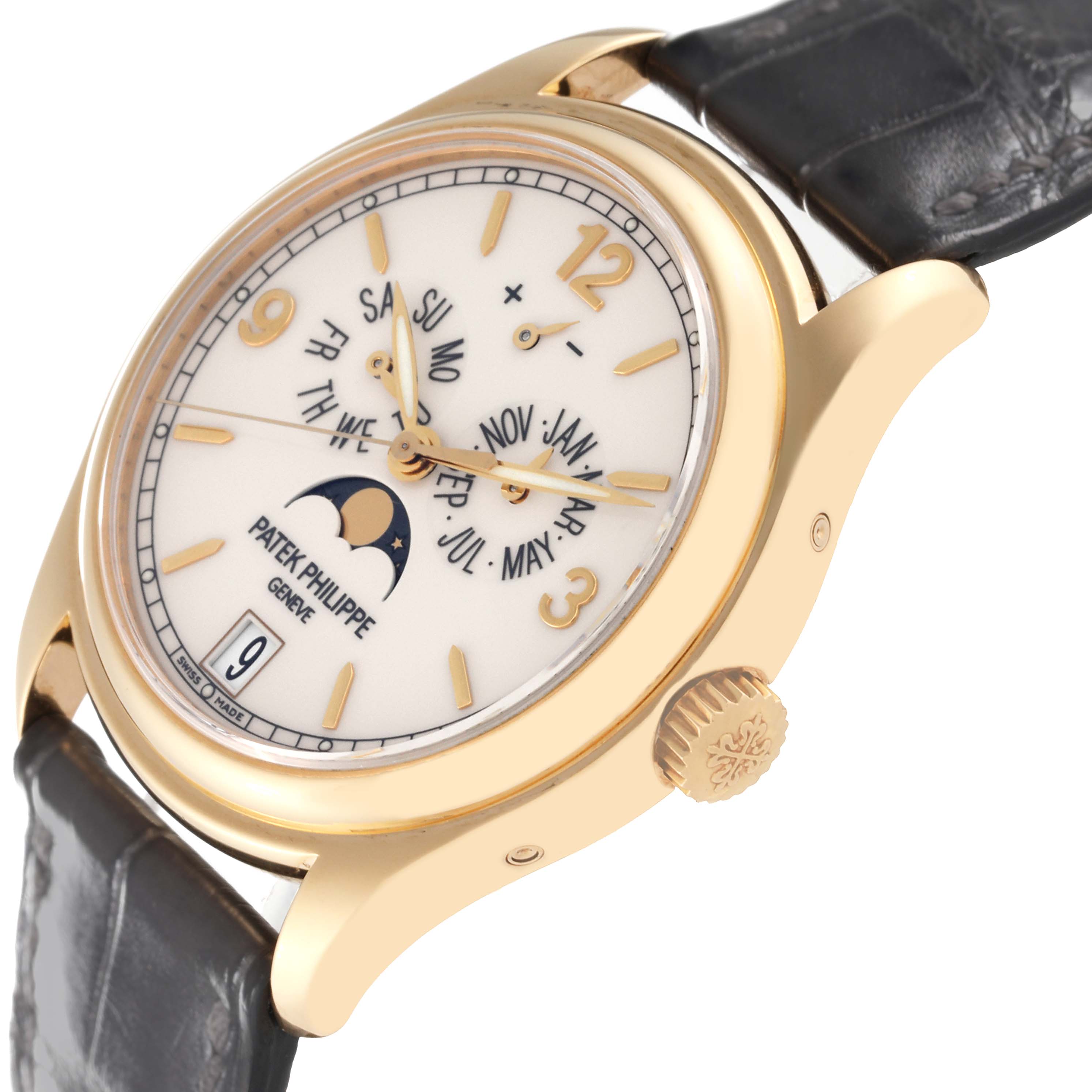The Patek Philippe Complications 5146J Men's Yellow Gold White Dial 5146J Men's Yellow Gold White Dial watch is shown from a slight side angle, highlighting the face, crown, and leather strap.