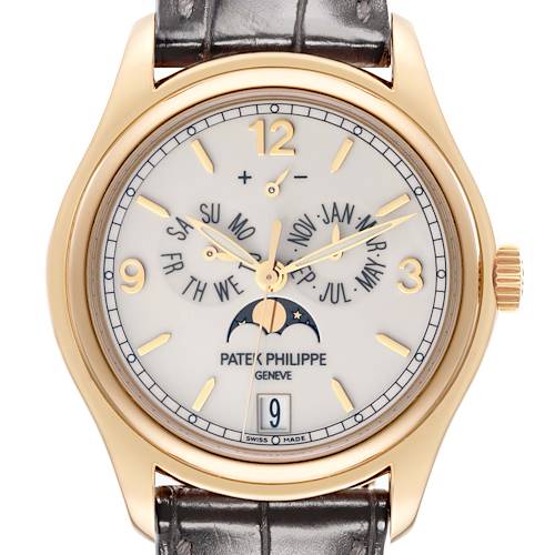 This image shows a front view of a Patek Philippe Complications model watch, highlighting its dial and leather strap.