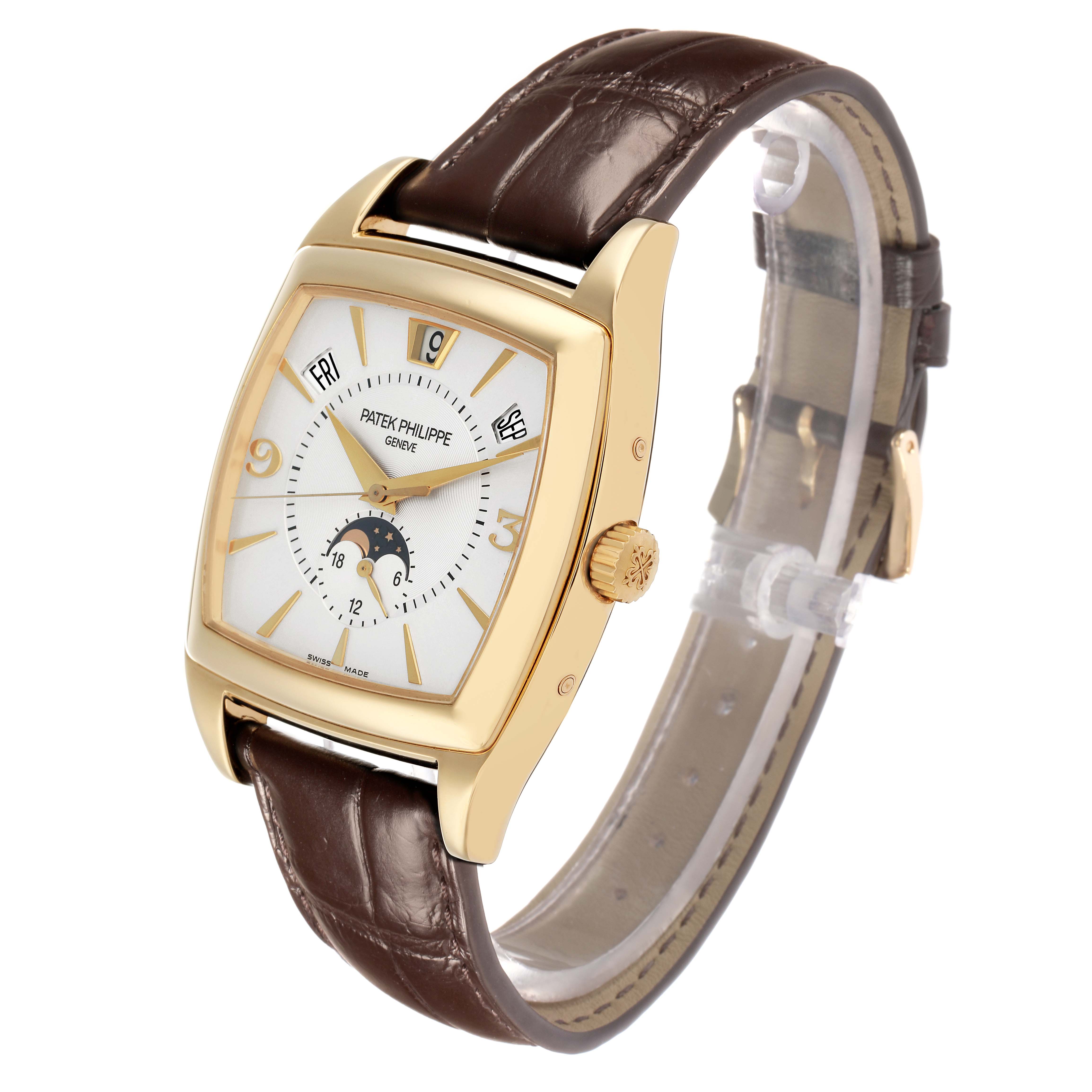 The Patek Philippe Gondolo 5135J Men
s Yellow Gold White Dial watch is shown at a slight angle, displaying the face, dial, crown, and brown leather strap.