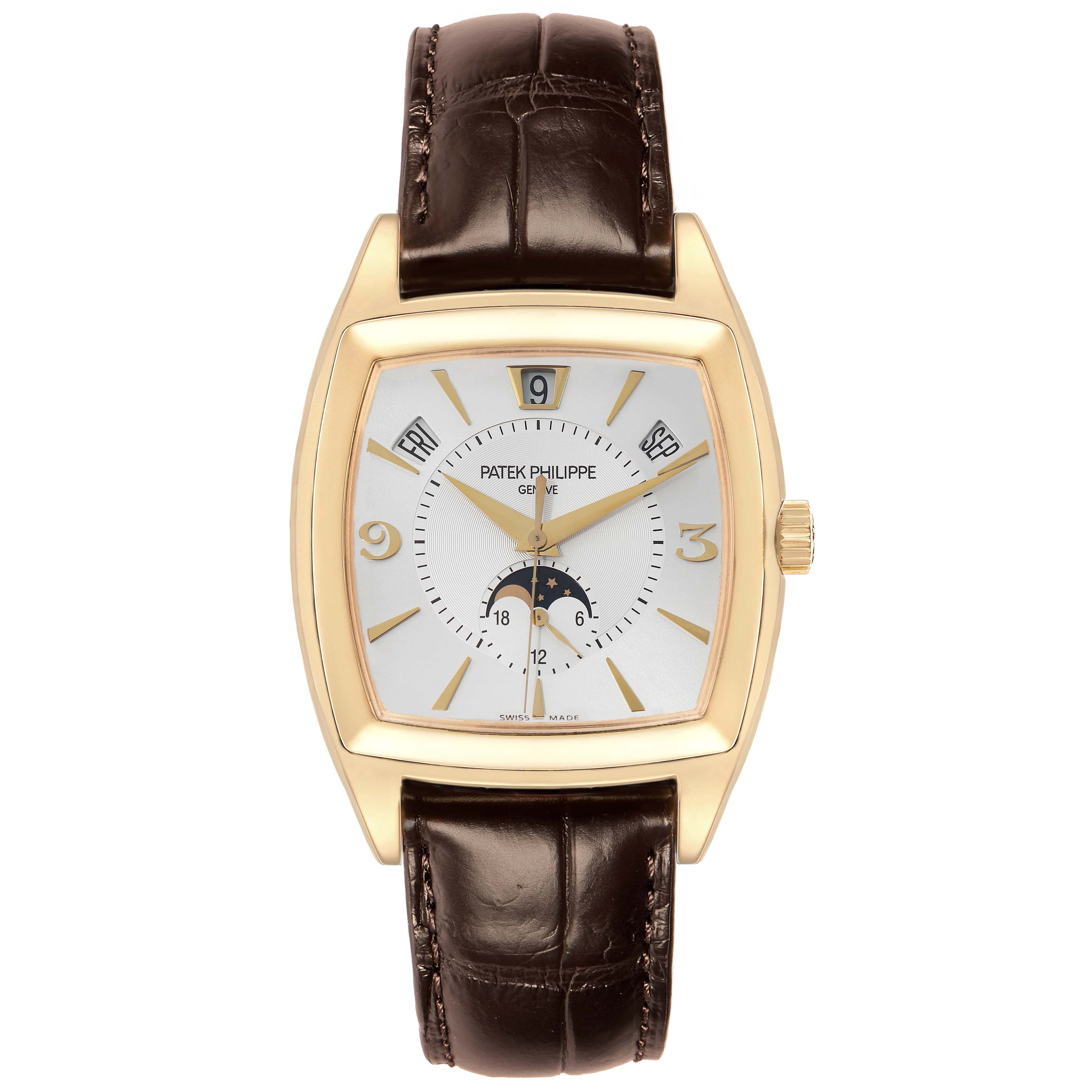 The Patek Philippe Gondolo 5135J Men
s Yellow Gold White Dial watch is shown from a top-down angle, highlighting the dial, case, and strap.