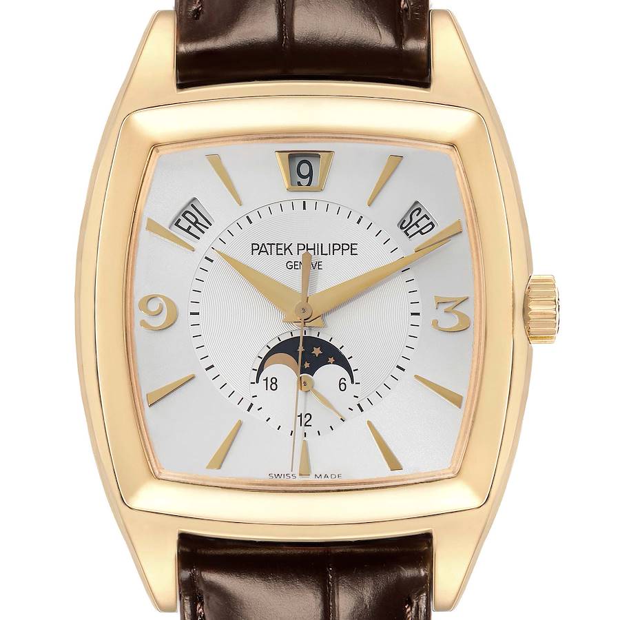 The Patek Philippe Gondolo 5135J Men's Yellow Gold White Dial watch is shown from a frontal angle, highlighting the dial, moon phase, and calendar features.