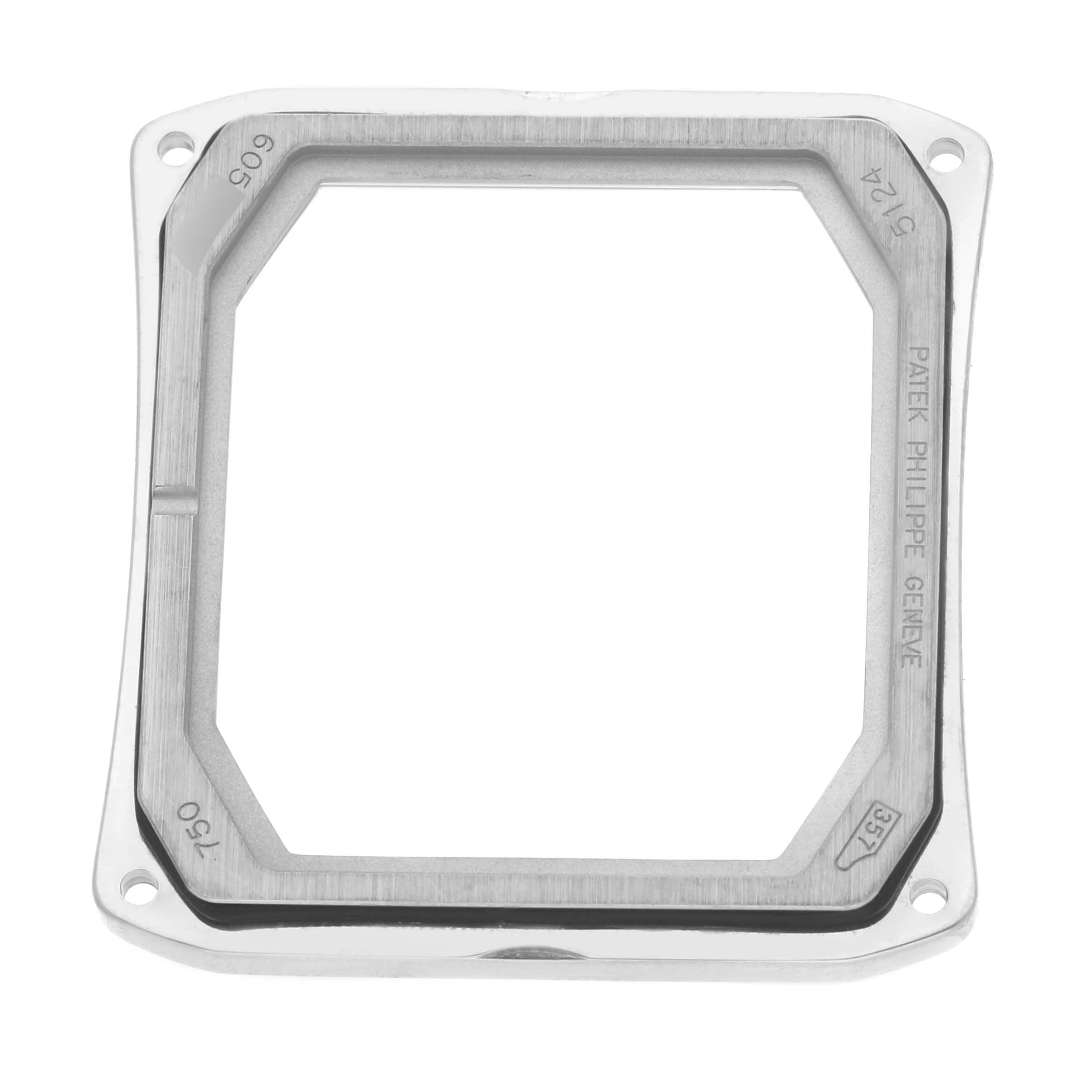 The image shows a front-facing view of the bezel case of a Patek Philippe Gondolo 5124G-011 Men's White Gold Blue Dial 5124G-011 Men's White Gold Blue Dial watch.