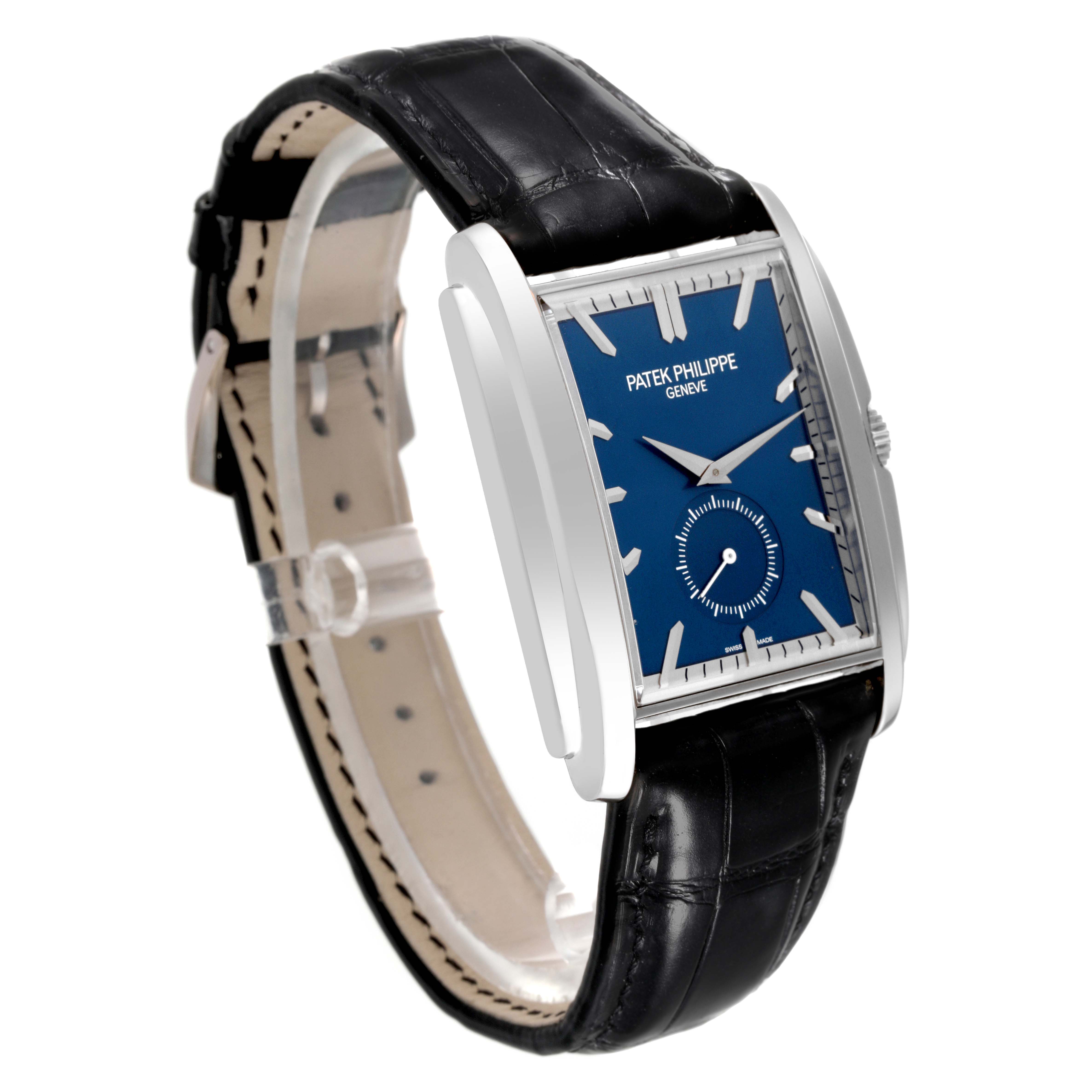 The image shows a Patek Philippe Gondolo 5124G-011 Men's White Gold Blue Dial 5124G-011 Men's White Gold Blue Dial model watch at a three-quarter angle, highlighting the face, strap, and side profile.