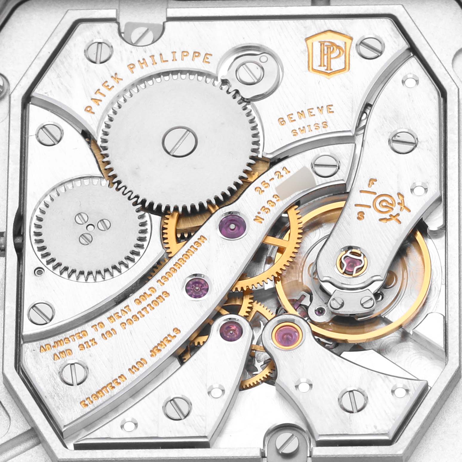 The image shows a close-up of the movement and inner workings of the Patek Philippe Gondolo 5124G-011 Men's White Gold Blue Dial 5124G-011 Men's White Gold Blue Dial watch.