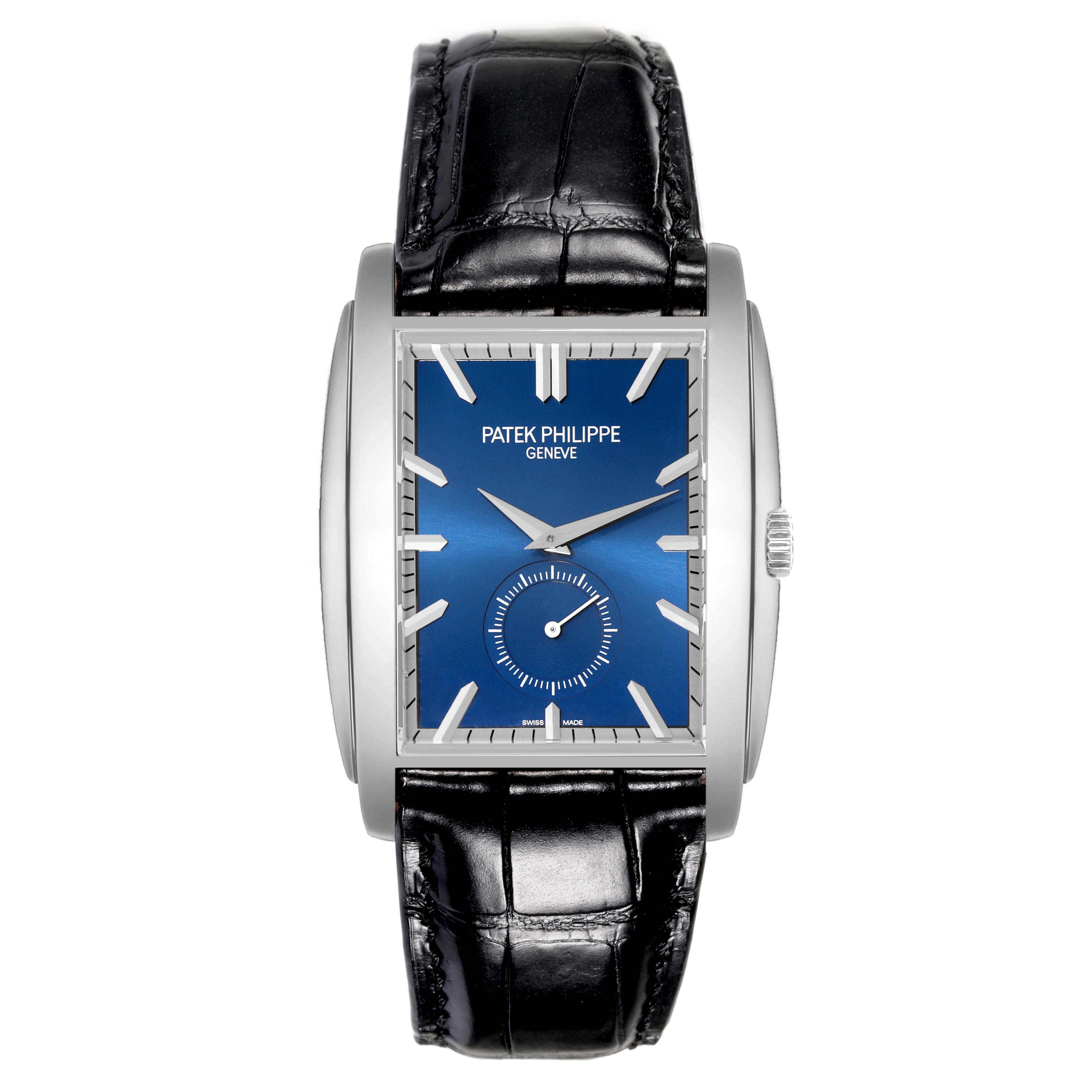 The Patek Philippe Gondolo 5124G-011 Men's White Gold Blue Dial 5124G-011 Men's White Gold Blue Dial watch is shown straight-on, displaying its blue dial, rectangular case, and black leather strap.