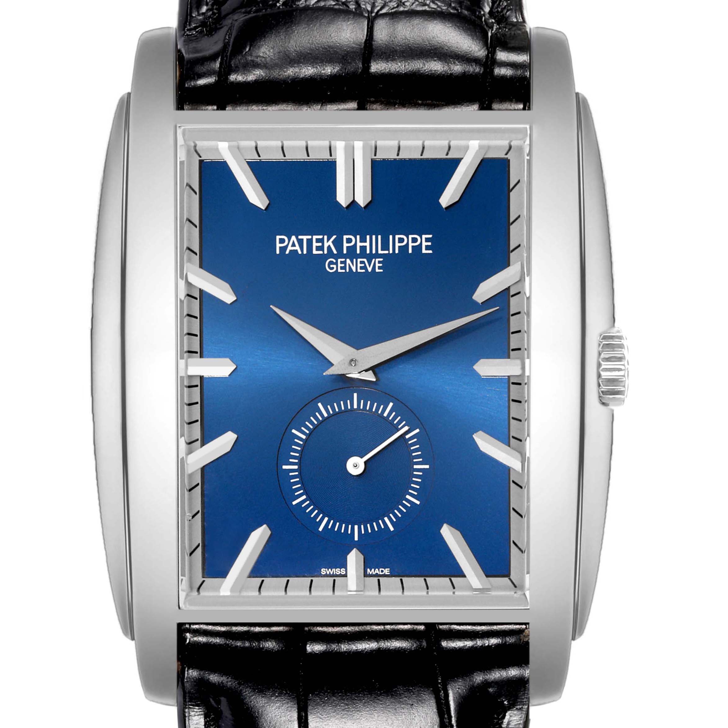 The Patek Philippe Gondolo 5124G-011 Men's White Gold Blue Dial 5124G-011 Men's White Gold Blue Dial watch is shown from the front, highlighting the blue dial, rectangular case, and black strap.