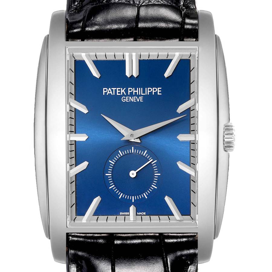 The Patek Philippe Gondolo watch is shown from the front, highlighting the blue dial, rectangular case, and black strap.