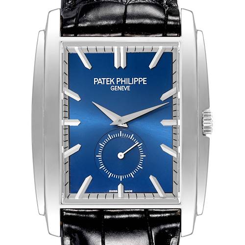 The image shows a close-up, front view of the Patek Philippe Gondolo watch, highlighting its rectangular case, blue dial, and black leather strap.