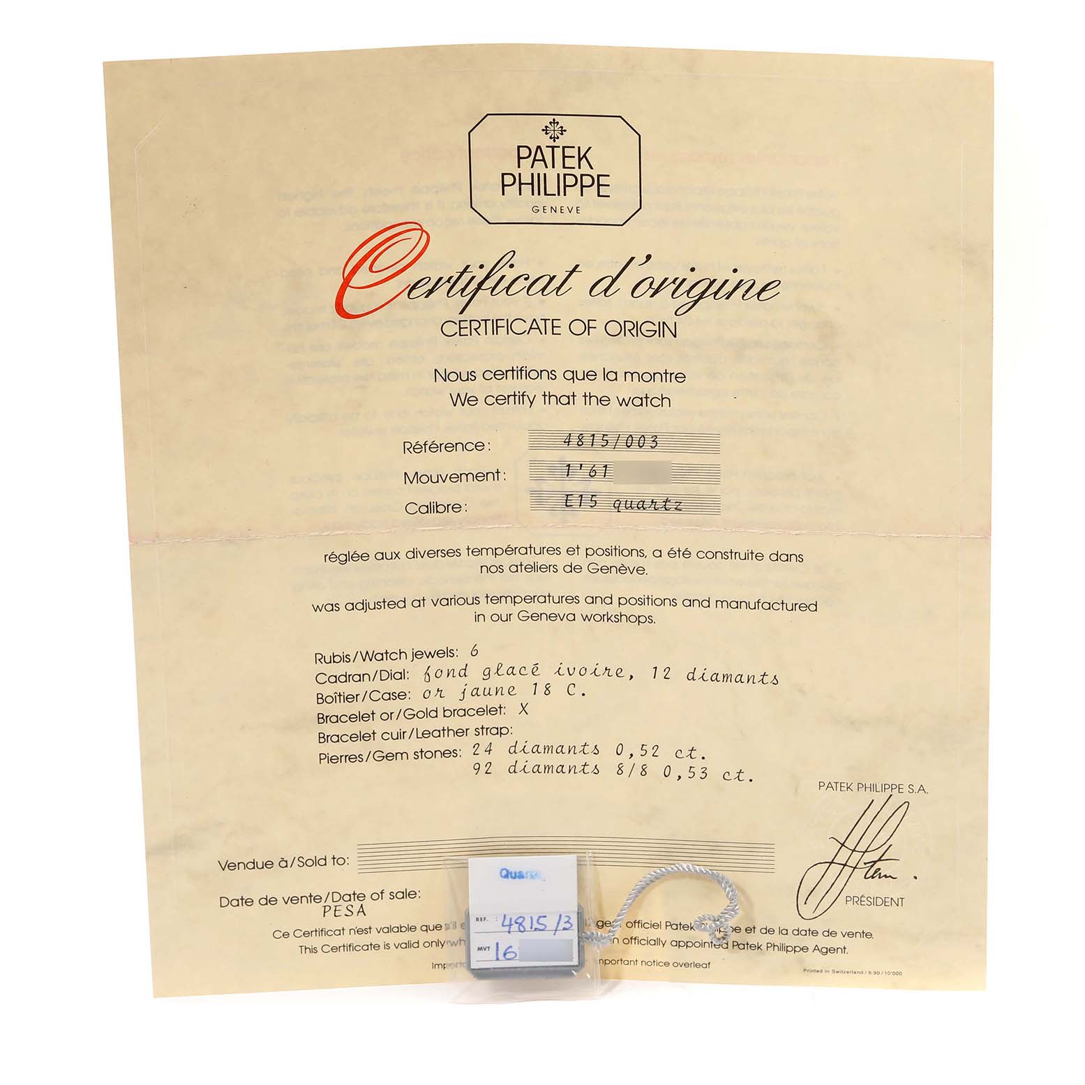 The image shows the certificate of origin for a Patek Philippe La Flamme  4815/003 Women's Yellow Gold Silver Dial 4815/003 Women's Yellow Gold Silver Dialmodel watch.
