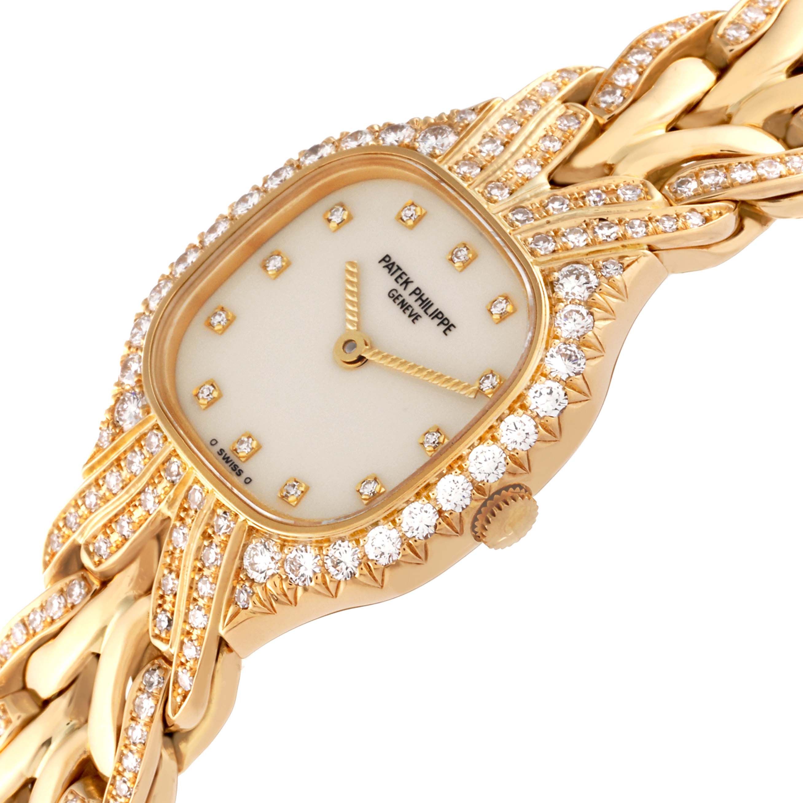 The La Flamme model by Patek Philippe is shown at an angle featuring the diamond-encrusted dial, crown, and part of the bracelet.