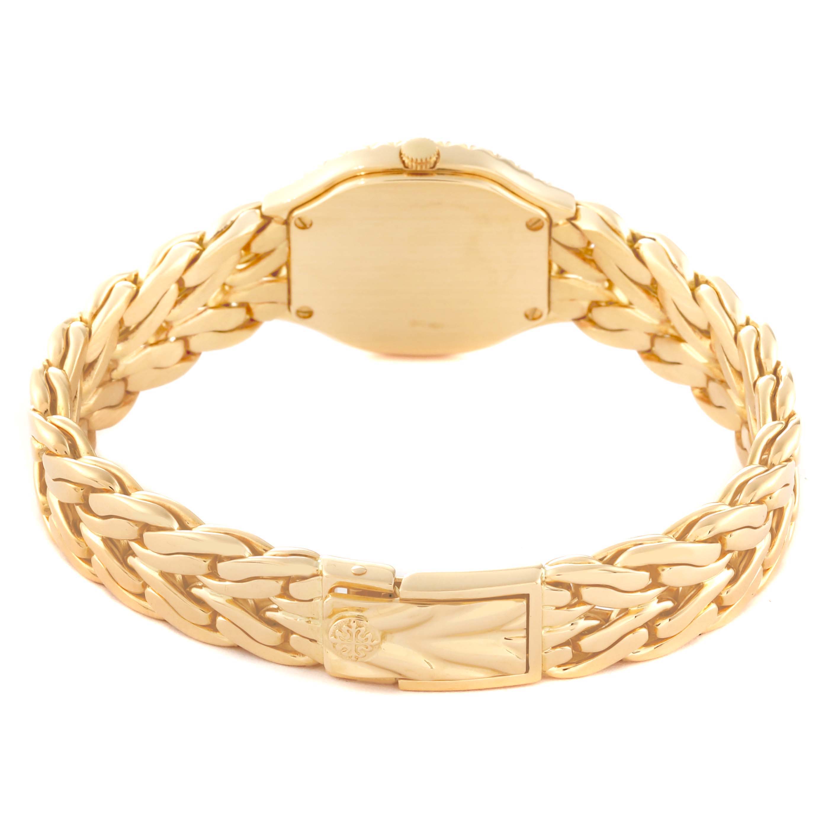 The image shows the back view of a Patek Philippe La Flamme  4815/003 Women's Yellow Gold Silver Dial 4815/003 Women's Yellow Gold Silver Dialmodel watch, focusing on the bracelet and clasp.