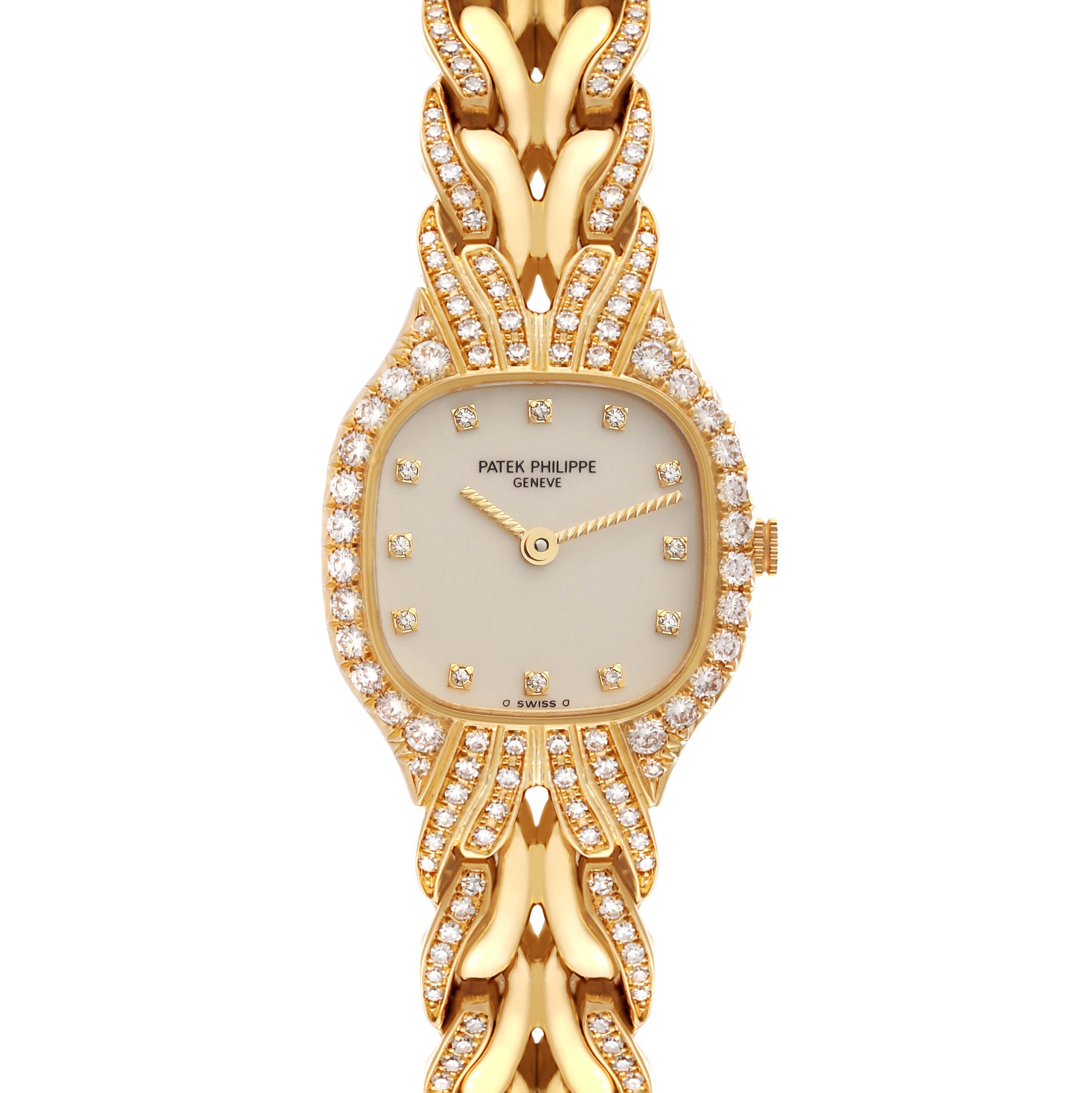 This is a front-facing view of the Patek Philippe La Flamme  4815/003 Women's Yellow Gold Silver Dial 4815/003 Women's Yellow Gold Silver Dialwatch showcasing its gold case, diamond accents, and intricate bracelet.