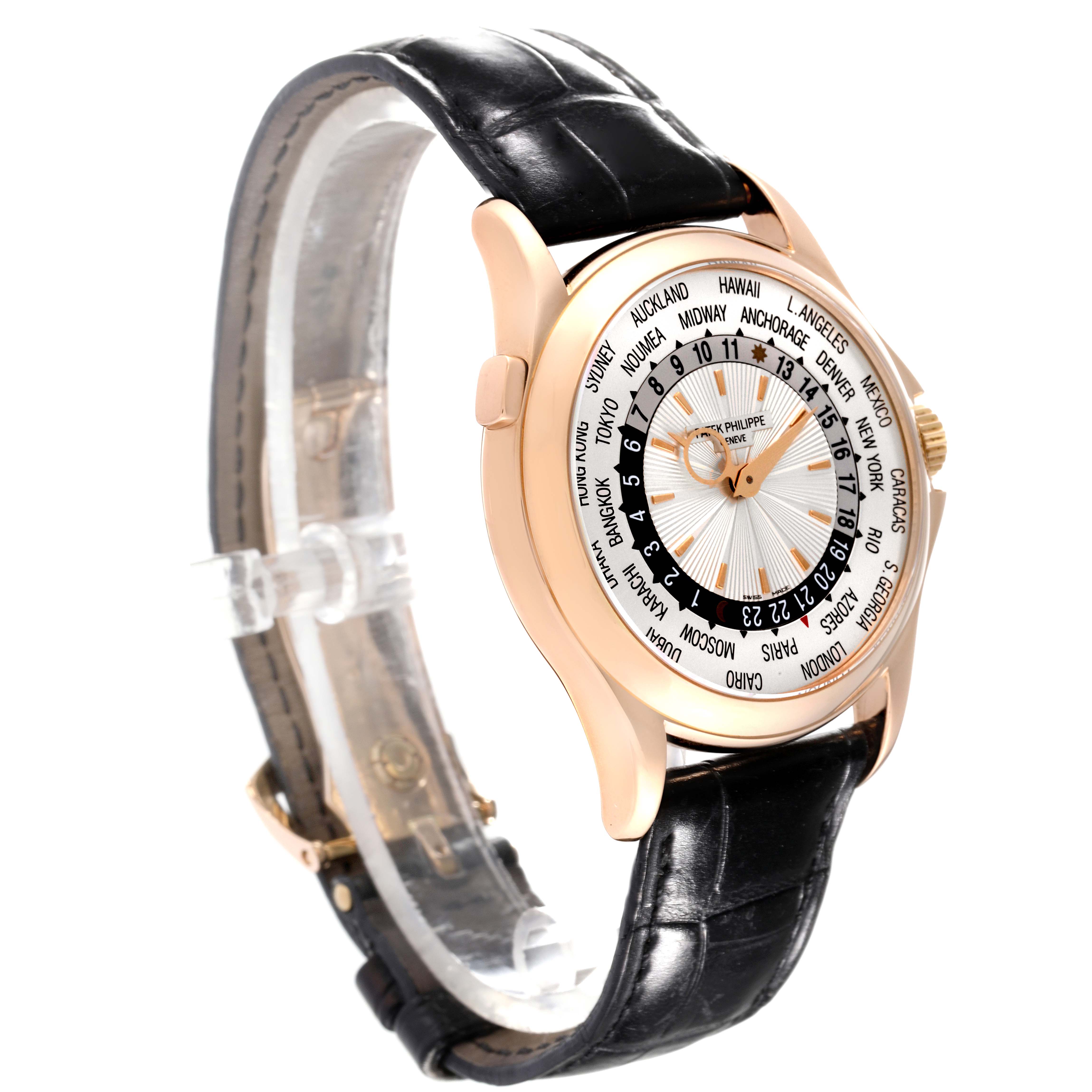 The Patek Philippe Complications 5130R-001 Men's Rose Gold Silver Dial 5130R-001 Men's Rose Gold Silver Dial model watch is shown from an angled side view, highlighting its face and strap.