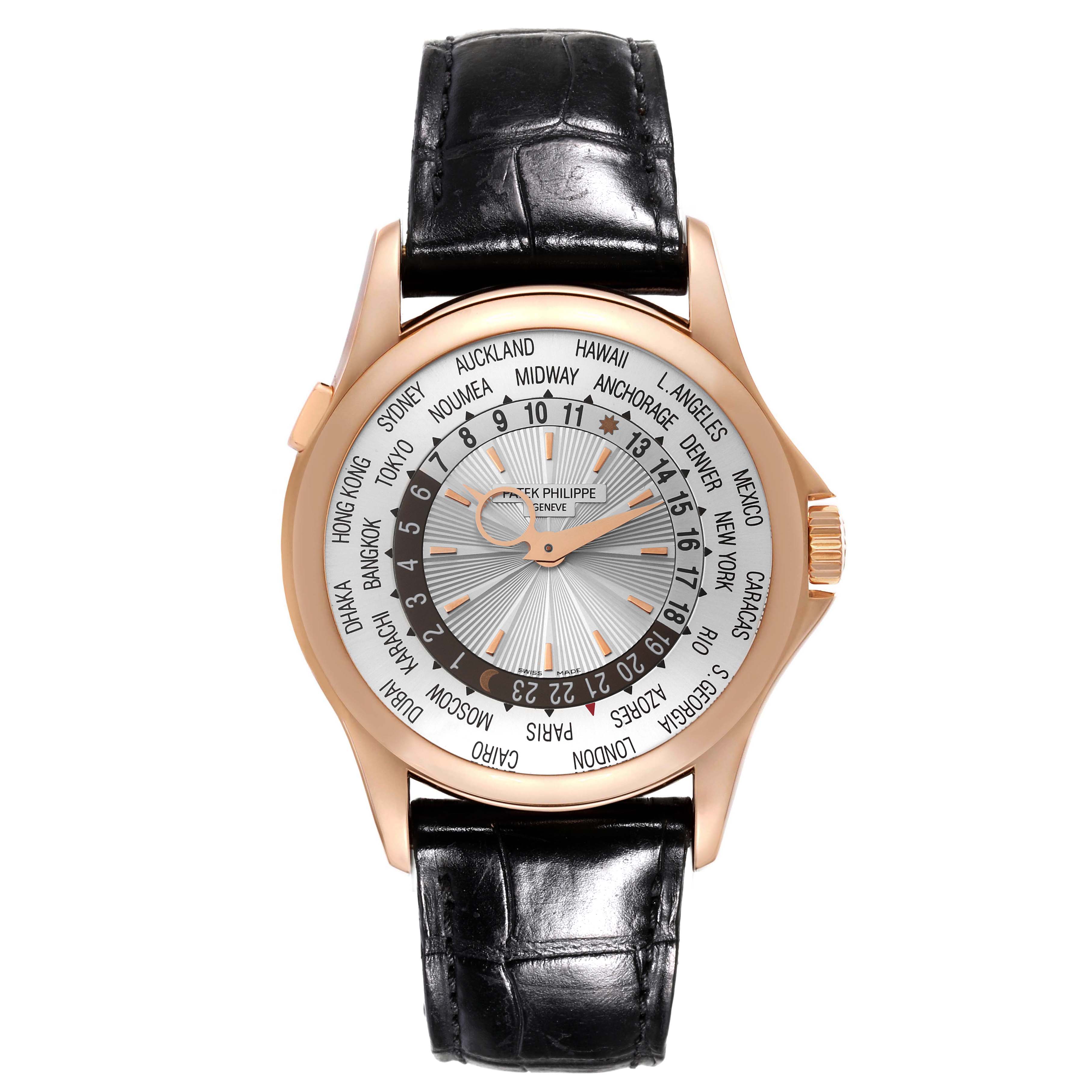 This image shows a Patek Philippe Complications 5130R-001 Men's Rose Gold Silver Dial 5130R-001 Men's Rose Gold Silver Dial watch from a front angle, displaying the dial and black leather strap.
