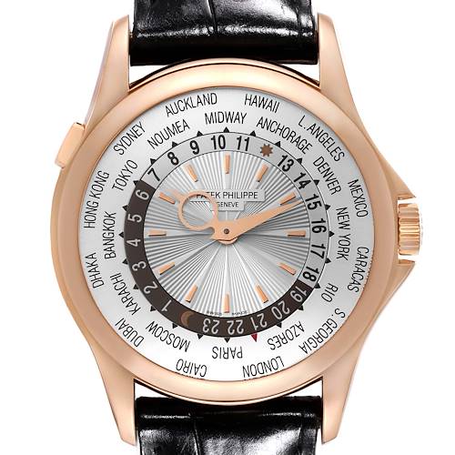 This image shows a Patek Philippe Complications watch from a front angle, highlighting its multi-time zone dial and black leather strap.