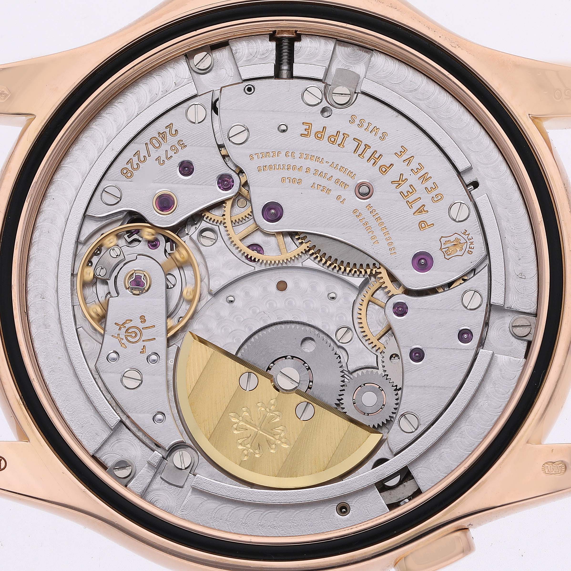 This image shows the back view of the movement mechanism of a Patek Philippe Complications 5130R-001 Men's Rose Gold Silver Dial 5130R-001 Men's Rose Gold Silver Dial model watch.