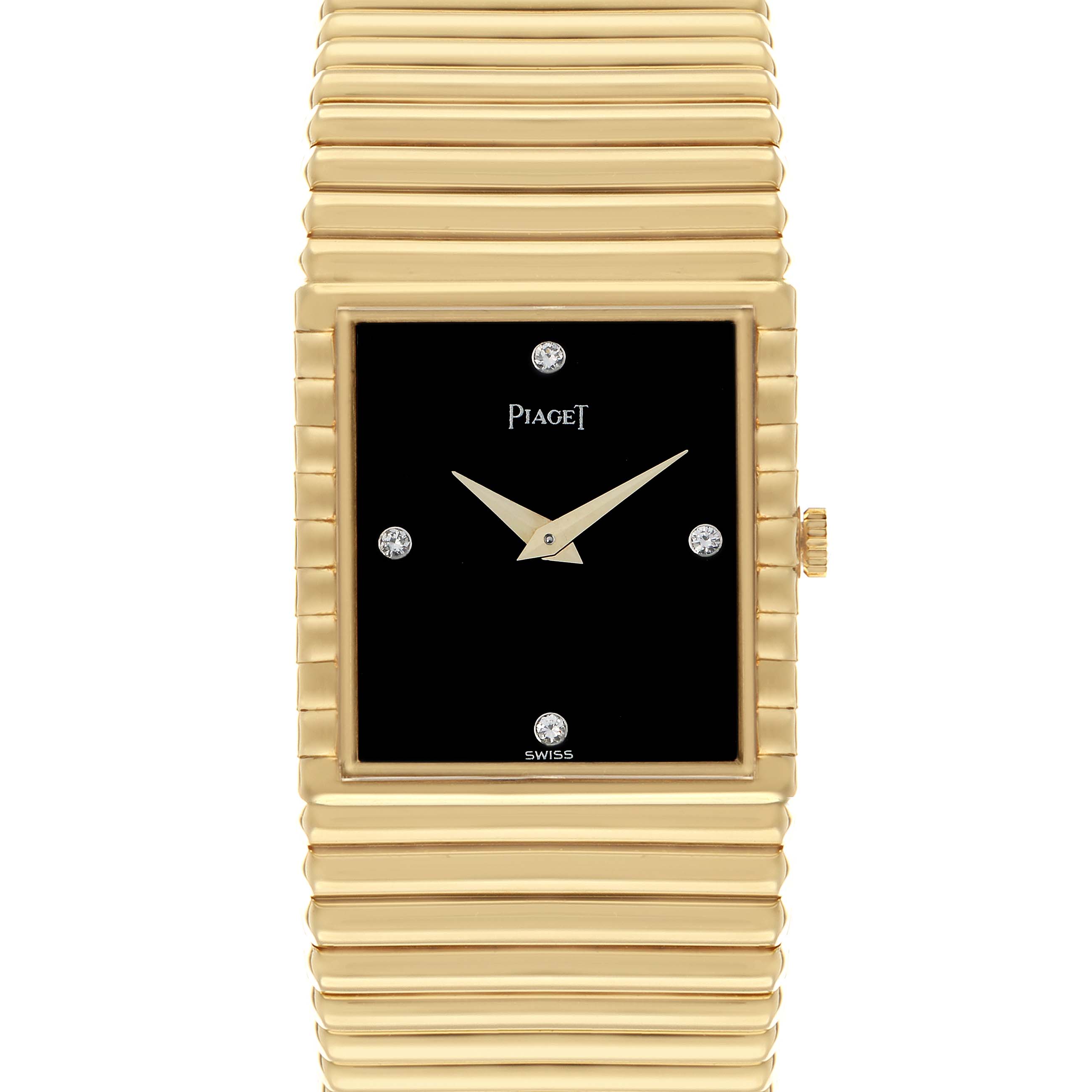 The Piaget 91490C510 Women
s Yellow Gold Black Dial Emperador 91490C510 is shown from the front, highlighting its black dial, diamond markers, and yellow gold case and band.