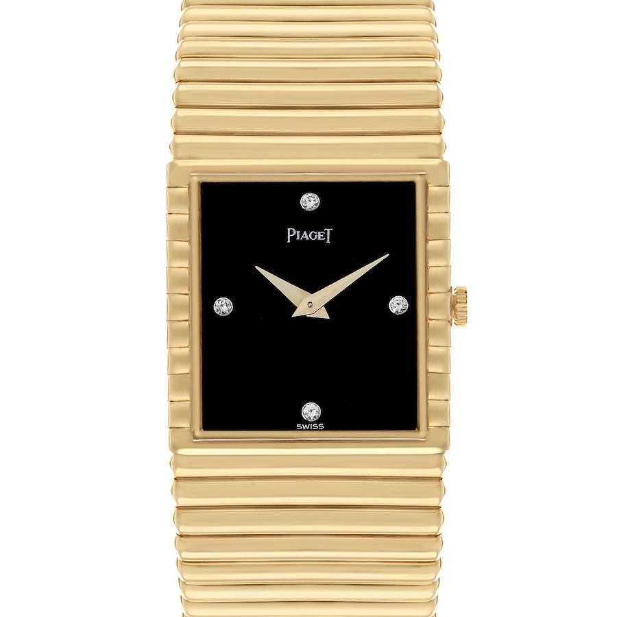 The Piaget 91490C510 Women's Yellow Gold Black Dial Emperador 91490C510 is shown from the front, highlighting its black dial, diamond markers, and yellow gold case and band.