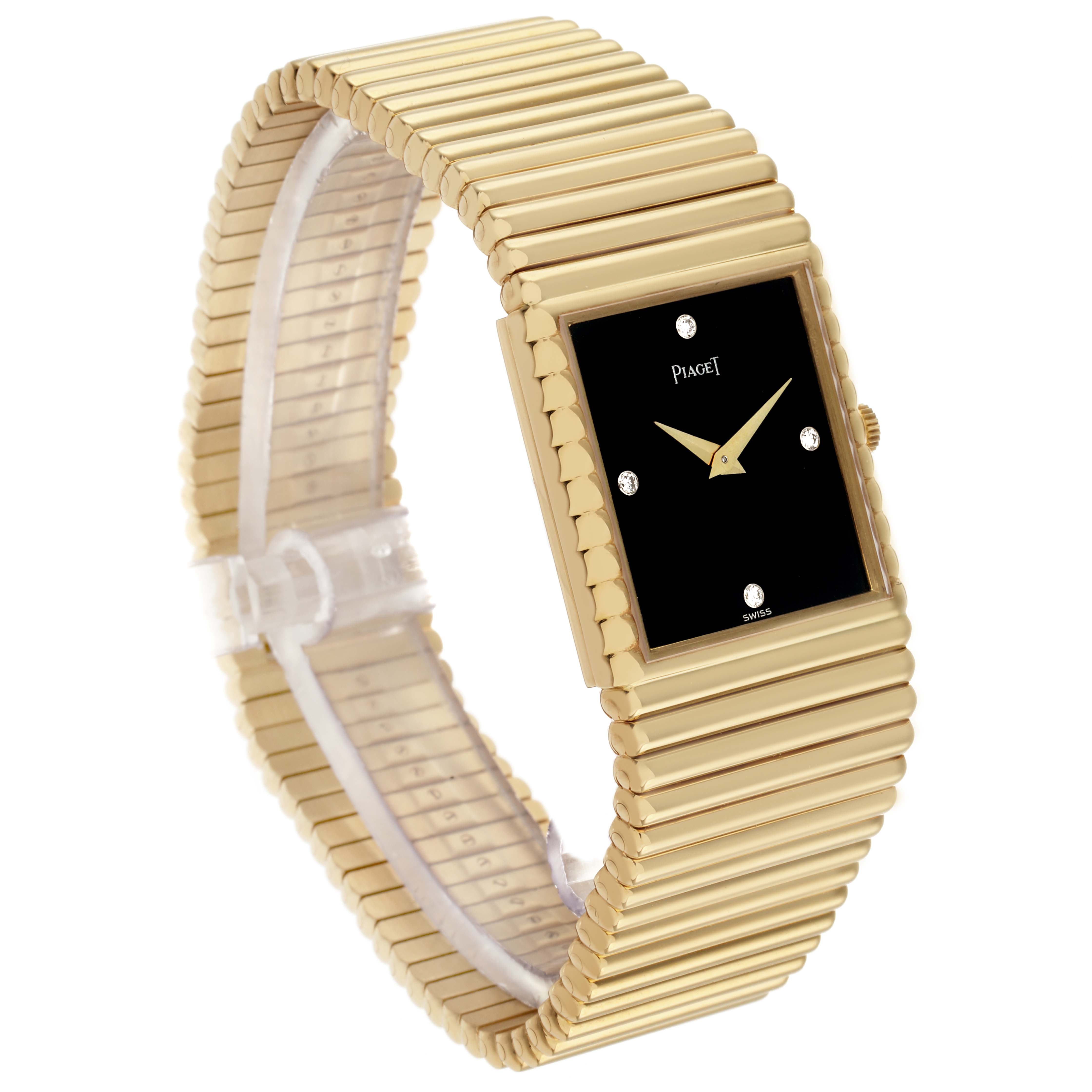 The Piaget 91490C510 Women
s Yellow Gold Black Dial Emperador 91490C510 watch is shown at a three-quarter angle, highlighting its gold bracelet and black diamond-accented dial.