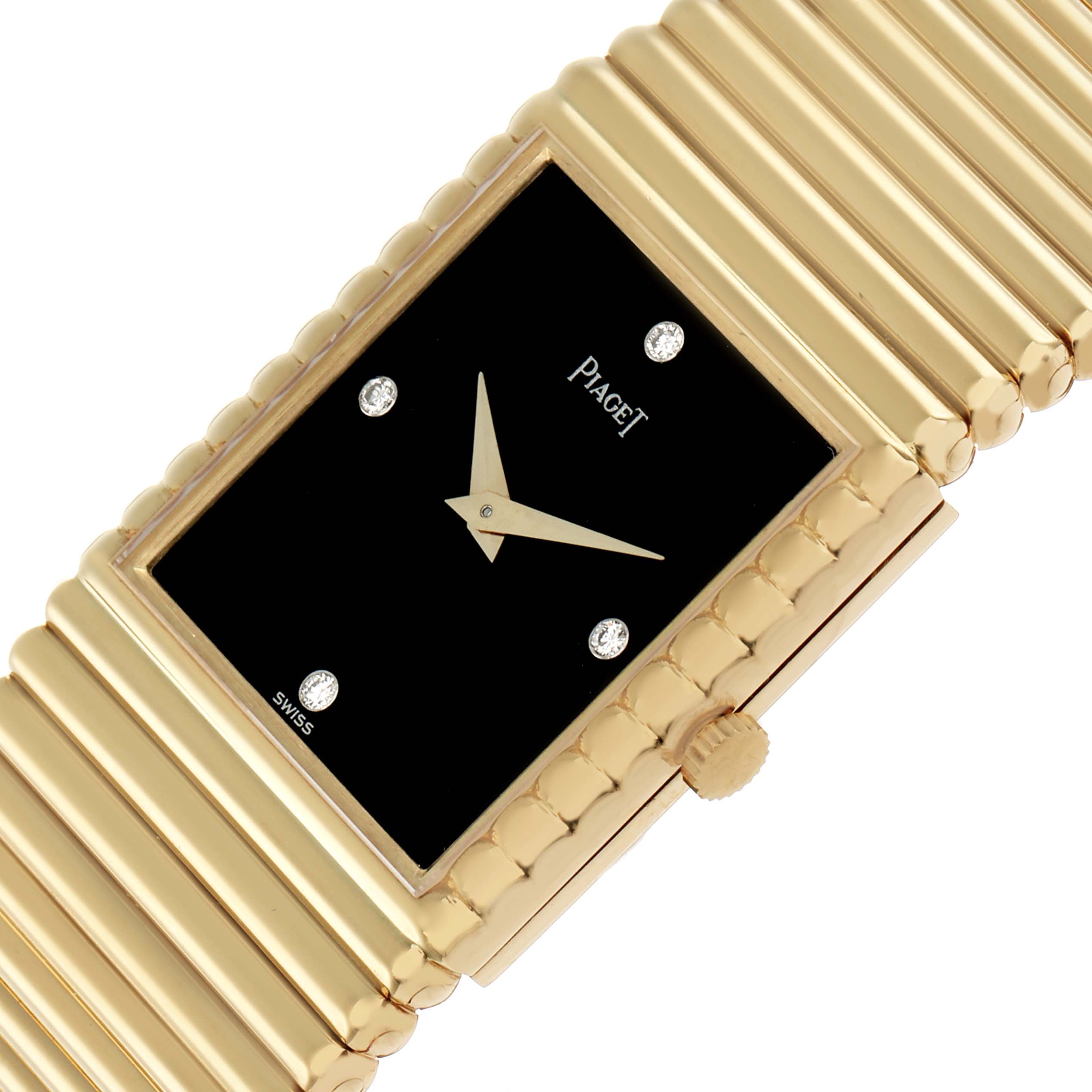 The Piaget 91490C510 Women
s Yellow Gold Black Dial Emperador watch is shown at a slight angle highlighting its rectangular black diamond dial, gold case, and bracelet.