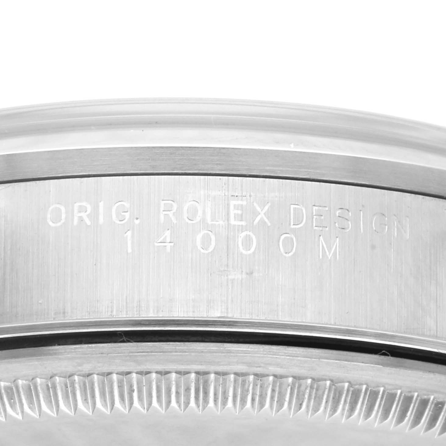 This close-up image shows the side engraving and bezel of a Rolex Air-King 14000M Men's Stainless Steel Blue Dial 14000M Men's Stainless Steel Blue Dial watch, model number 14000M.
