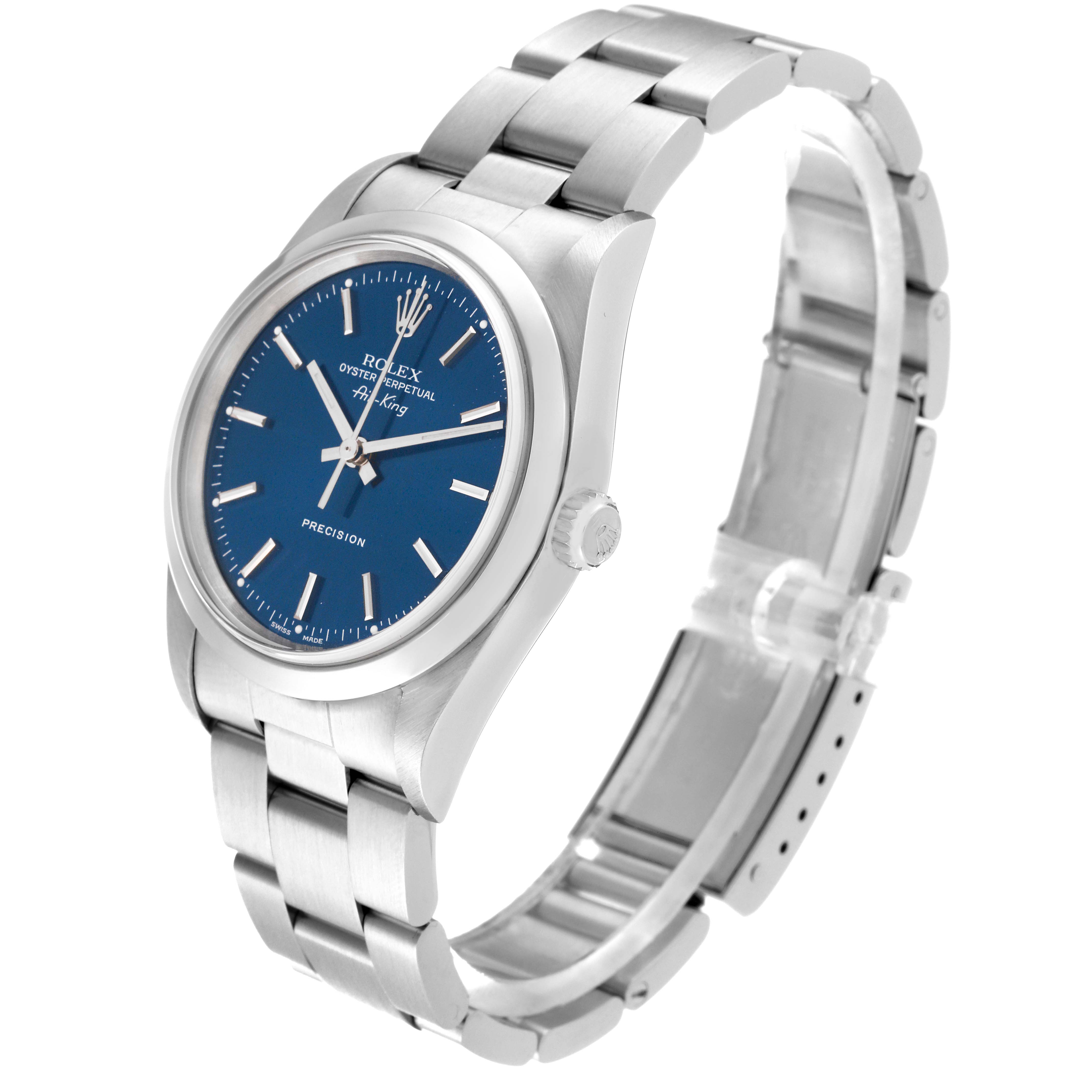The Rolex Air-King 14000M Men's Stainless Steel Blue Dial 14000M Men's Stainless Steel Blue Dial watch is shown at an angle displaying the face, crown, and stainless steel bracelet.