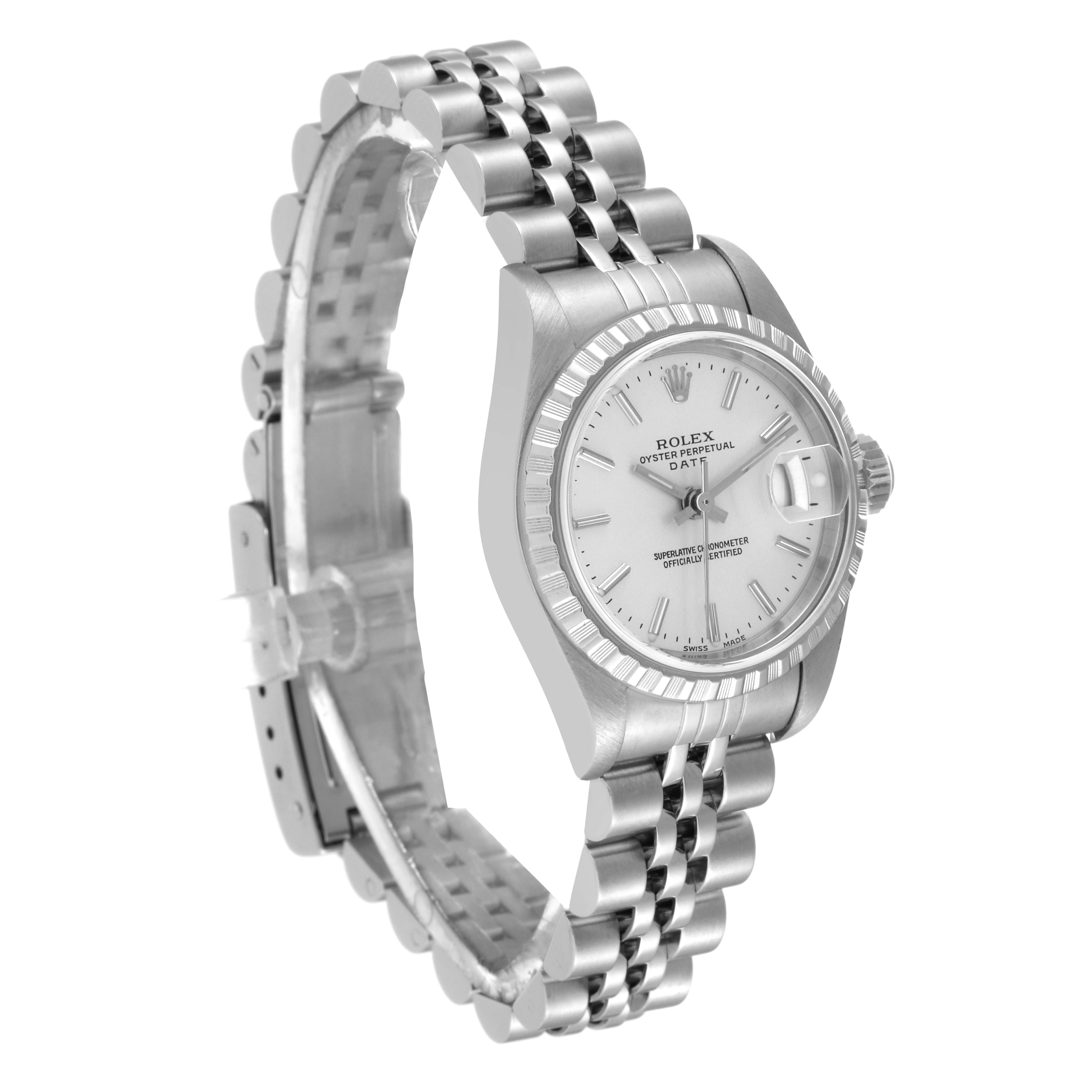 The Rolex Date 79240 Women
s Stainless Steel Silver Dial 79240 Women
s Stainless Steel Silver Dial model is shown at a three-quarter angle, displaying the face, bezel, crown, and bracelet.