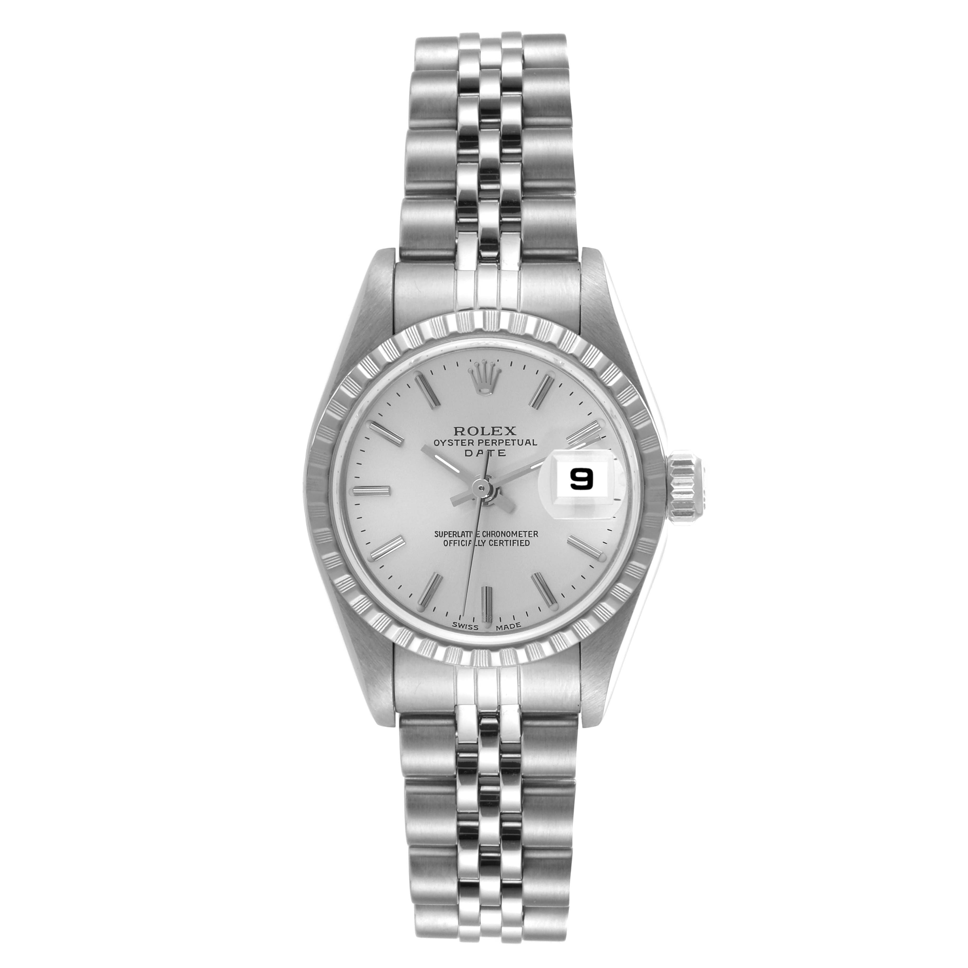 This image shows a Rolex Date 79240 Women
s Stainless Steel Silver Dial 79240 Women
s Stainless Steel Silver Dial model watch from a front angle, highlighting the dial, bezel, and bracelet.