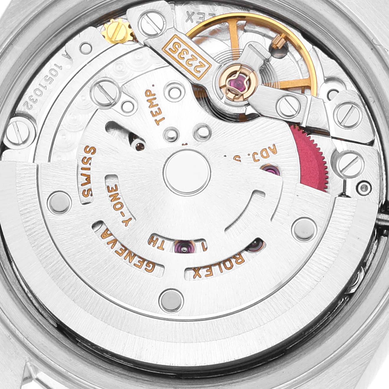 This image shows a close-up, detailed view of the movement mechanism in the Rolex Date 79240 Women
s Stainless Steel Silver Dial 79240 Women
s Stainless Steel Silver Dial model watch.