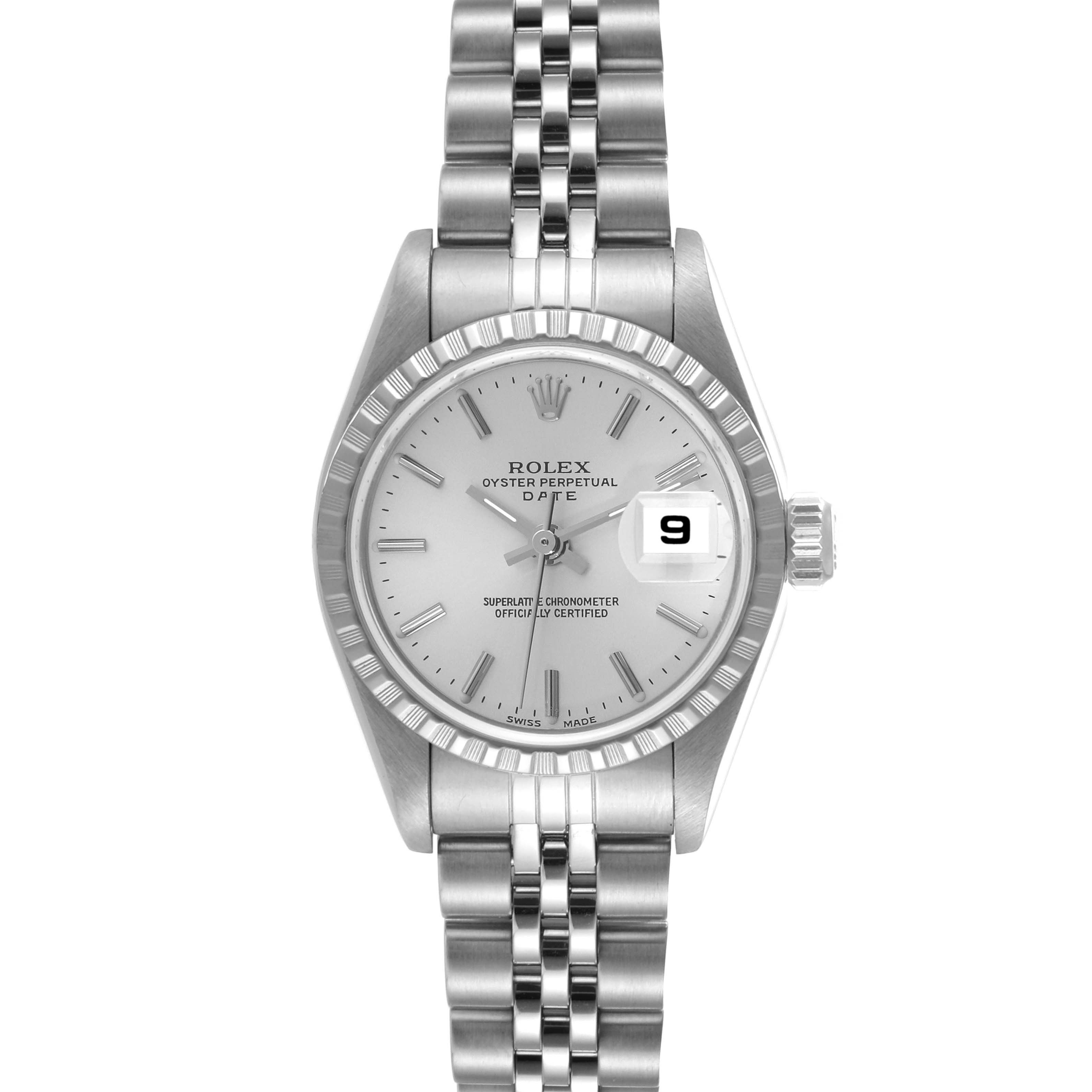 The Rolex Date 79240 Women
s Stainless Steel Silver Dial 79240 Women
s Stainless Steel Silver Dial model watch is shown from a front angle, highlighting the dial, bezel, bracelet, and date window.