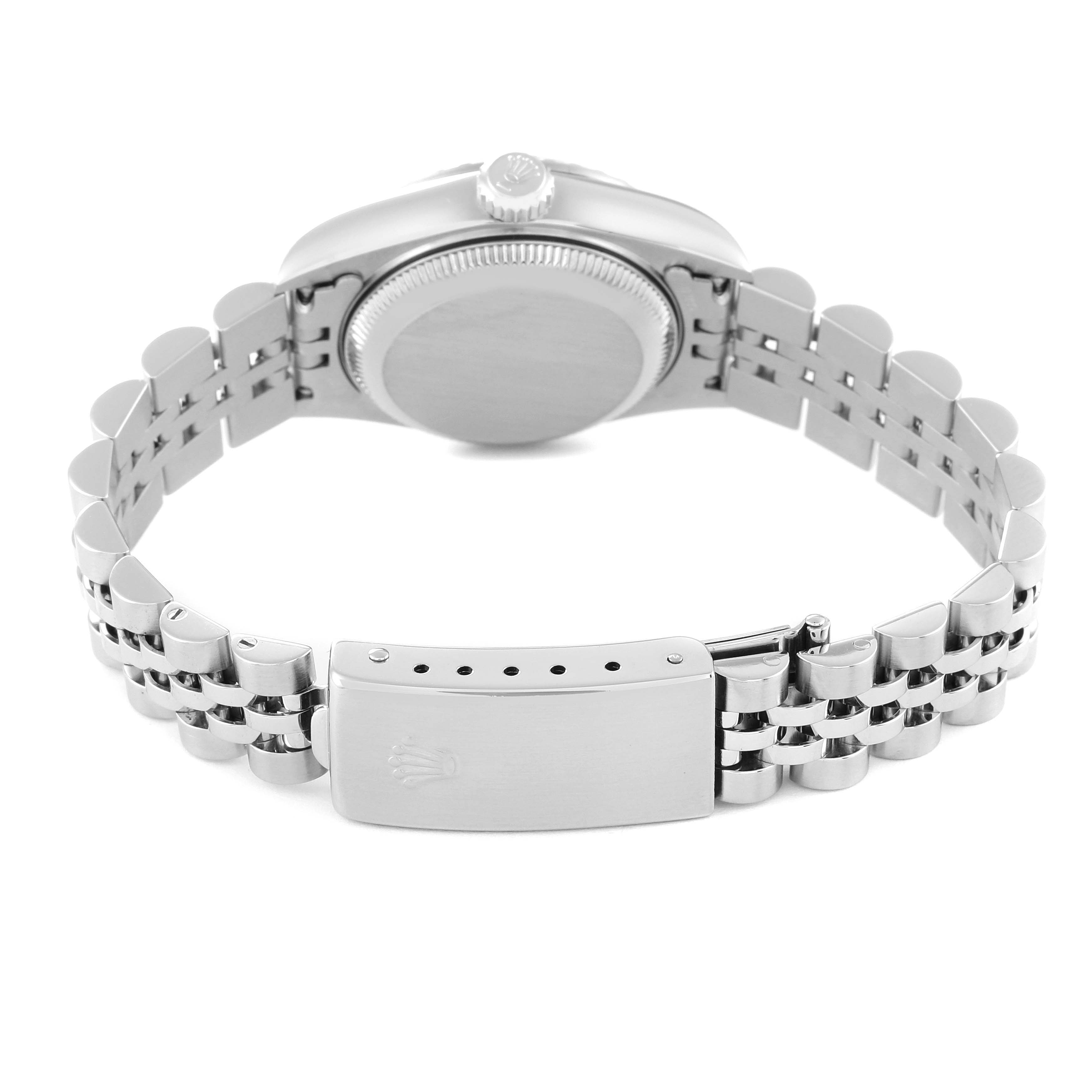 The image shows the back and clasp of a Rolex Date 79240 Women
s Stainless Steel Silver Dial 79240 Women
s Stainless Steel Silver Dial model watch from a rear angle, highlighting the bracelet and case back.