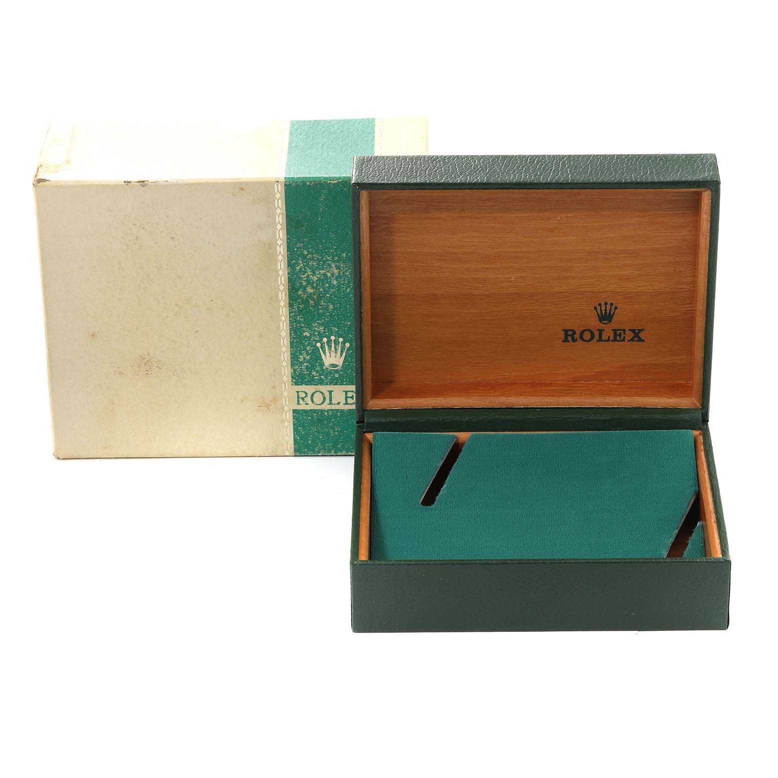 The image shows an open green wooden case and an outer box for a Rolex Vintage Collection 1500 Men's Stainless Steel Silver Dial 1500 Men's Stainless Steel Silver Dial model watch, viewed from the front.