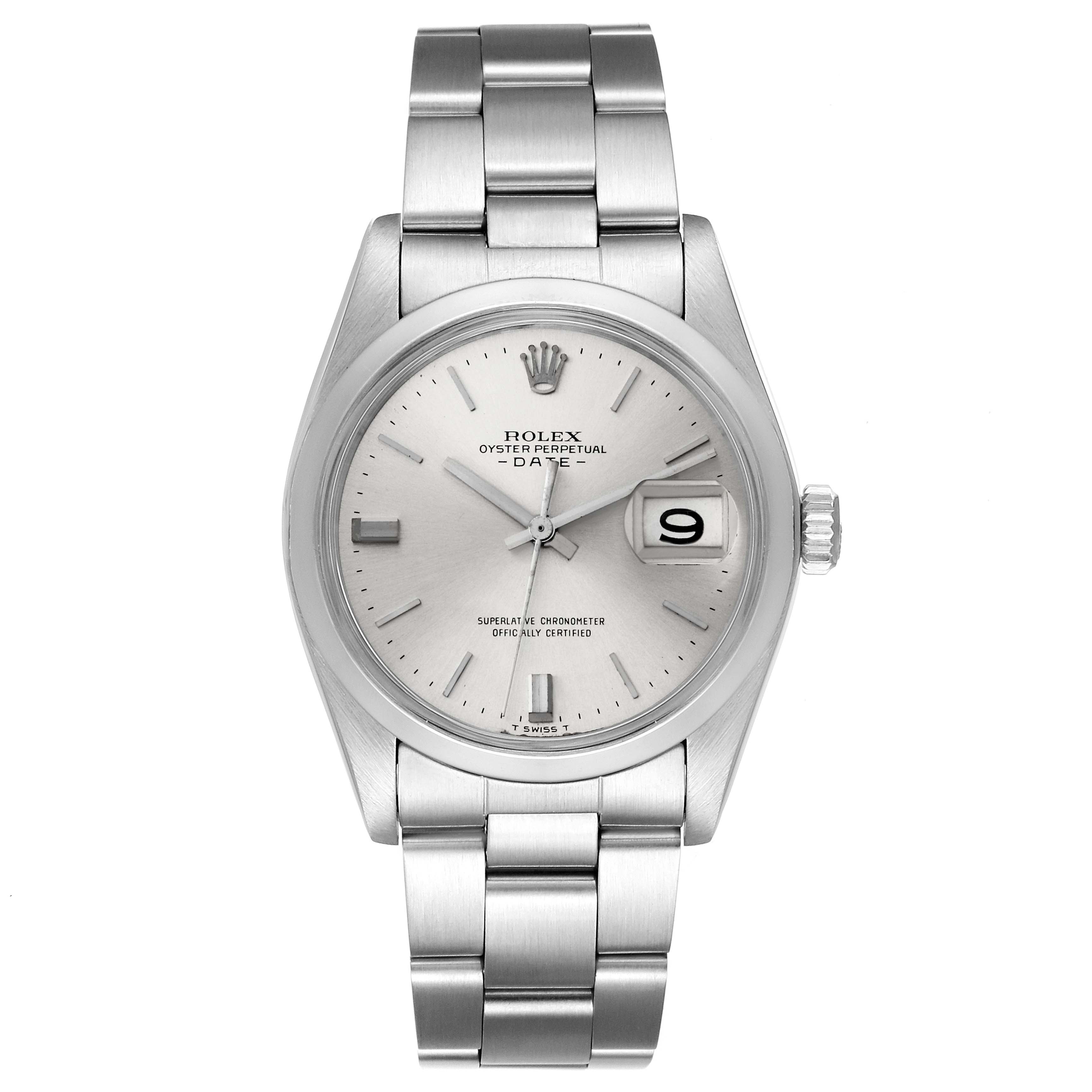 This is a front view of the Rolex Vintage Collection 1500 Men's Stainless Steel Silver Dial 1500 Men's Stainless Steel Silver Dial Oyster Perpetual Date watch, showing the dial, hands, bracelet, and date window.