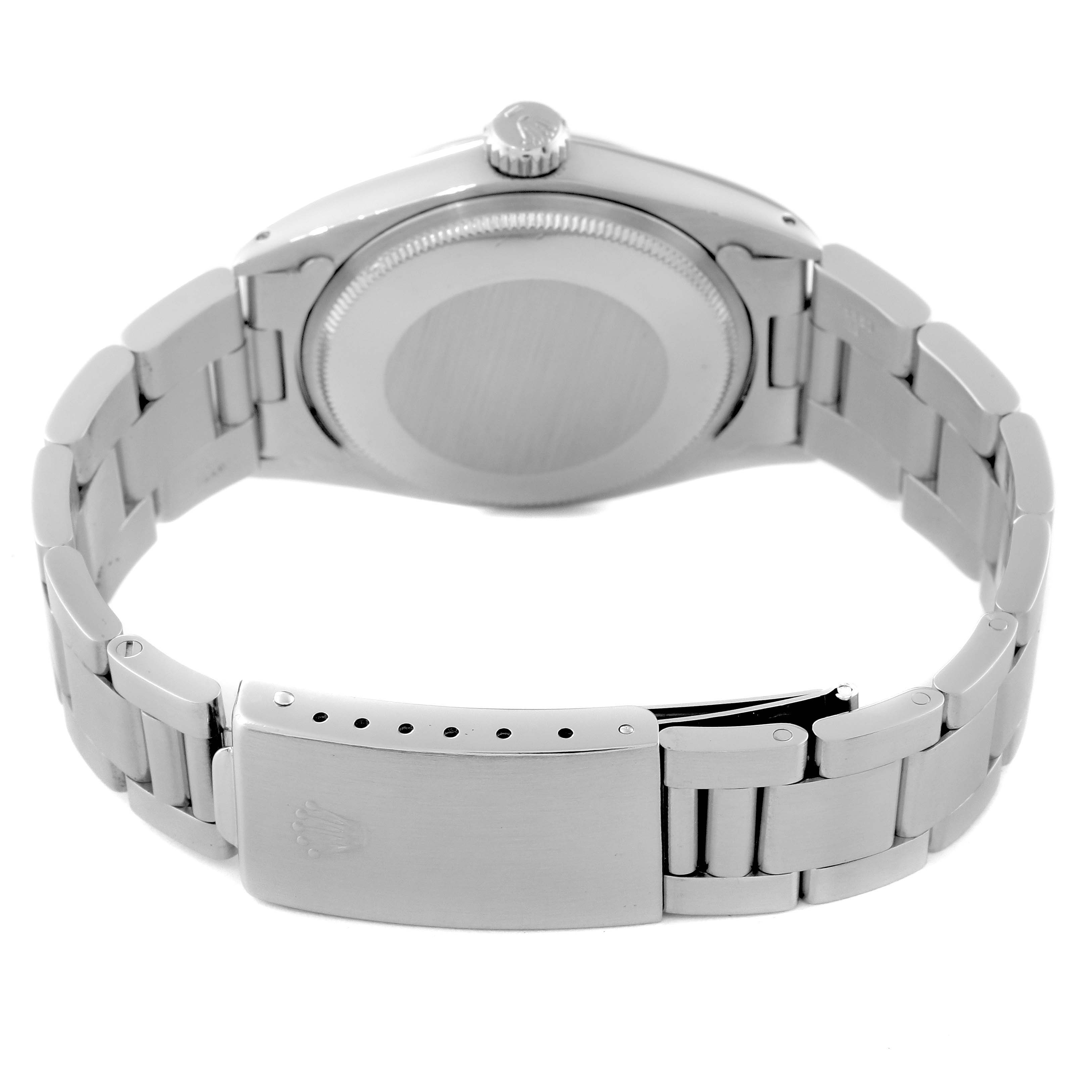 The image shows the back and clasp of the Rolex Vintage Collection 1500 Men's Stainless Steel Silver Dial 1500 Men's Stainless Steel Silver Dial watch, including the caseback, bracelet, and crown.