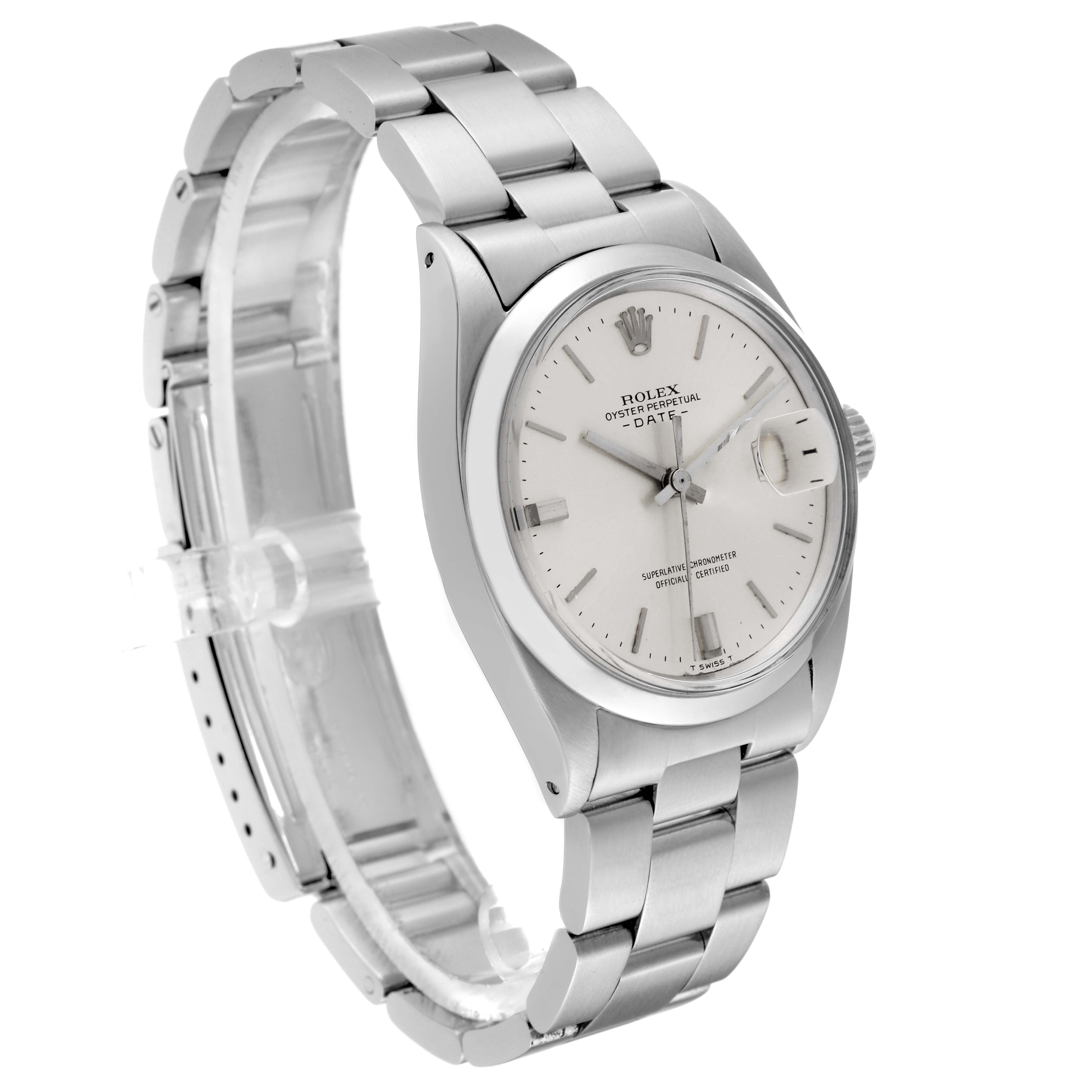 The Rolex Vintage Collection 1500 Men's Stainless Steel Silver Dial 1500 Men's Stainless Steel Silver Dial watch is shown at an angle highlighting the face, bezel, bracelet, and clasp.