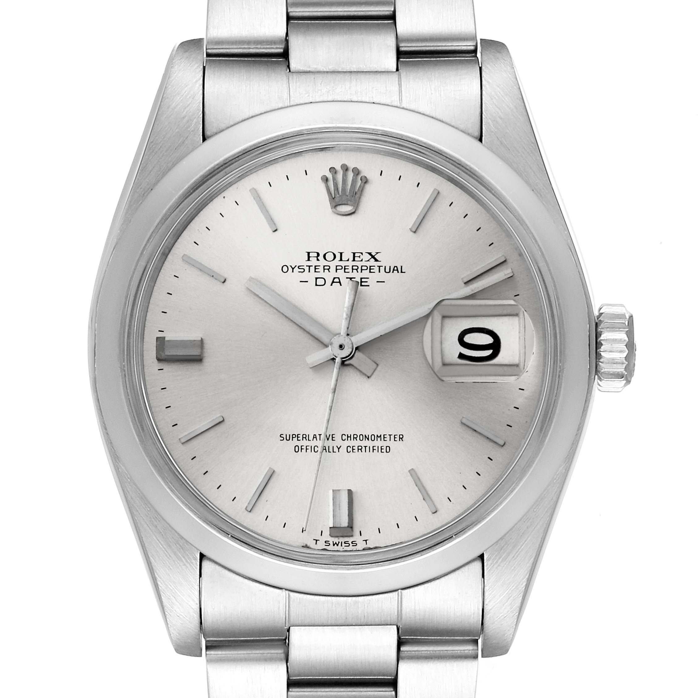 This image shows a frontal view of a Rolex Vintage Collection 1500 Men's Stainless Steel Silver Dial 1500 Men's Stainless Steel Silver Dial model, featuring the dial, crown, and bracelet.