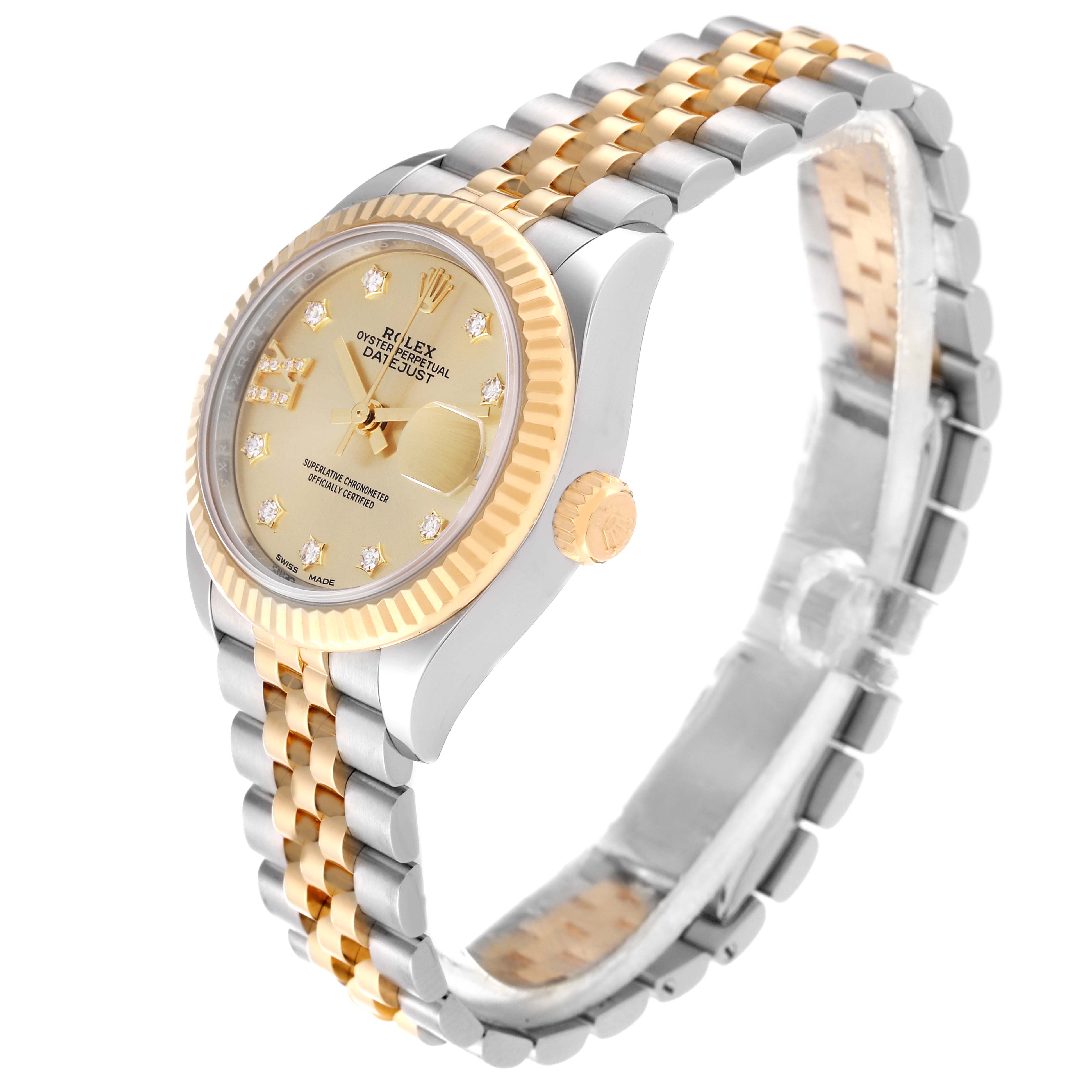 The Rolex Datejust 279173 Women's Steel and Gold (two tone) Champagne Dial 279173 Women's Steel and Gold (two tone) Champagne Dial watch is shown at an oblique angle, highlighting its gold-tone bezel, dial, and two-tone Jubilee bracelet.